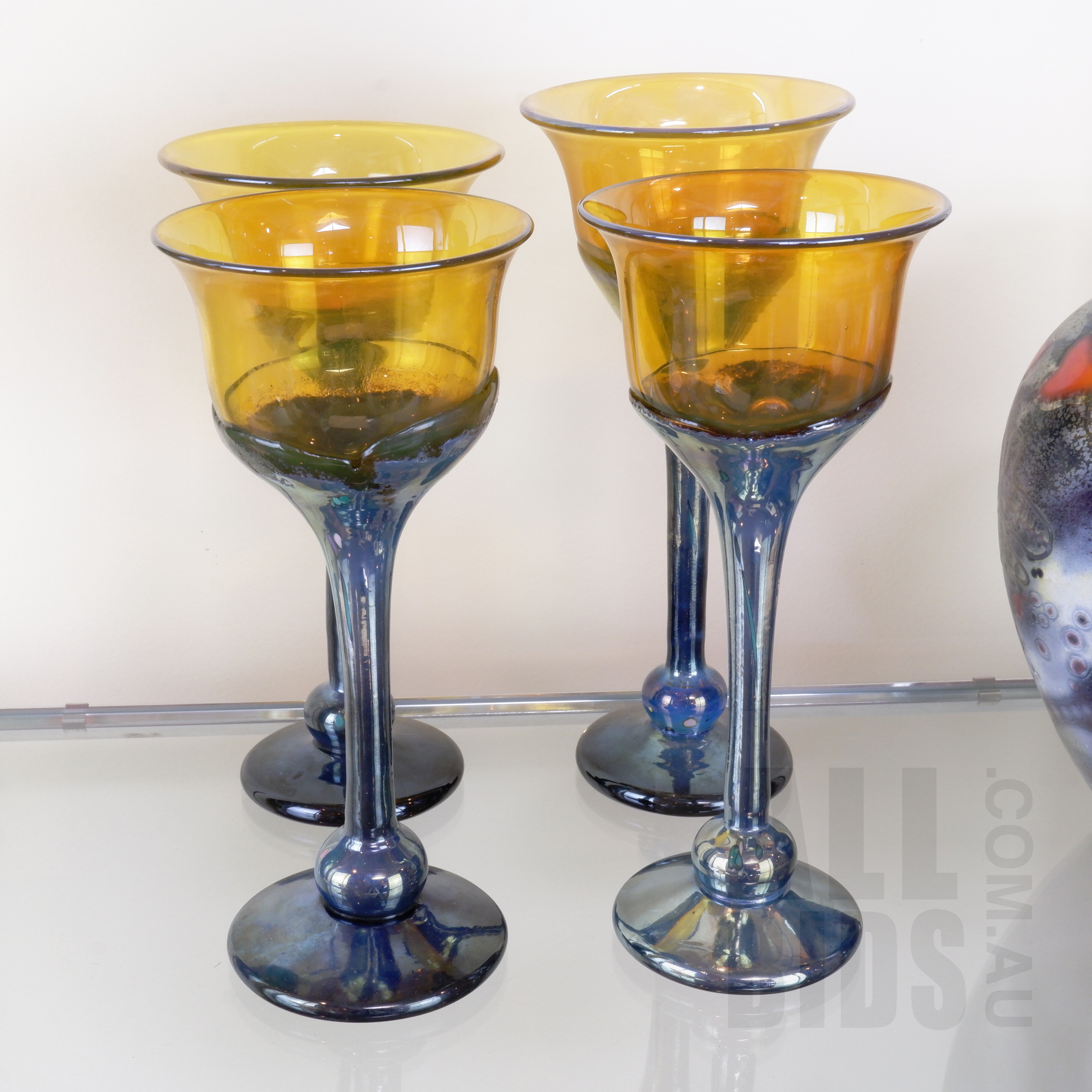 'Tricia Allen (1962-2010) Four Art Glass Wine Goblets'