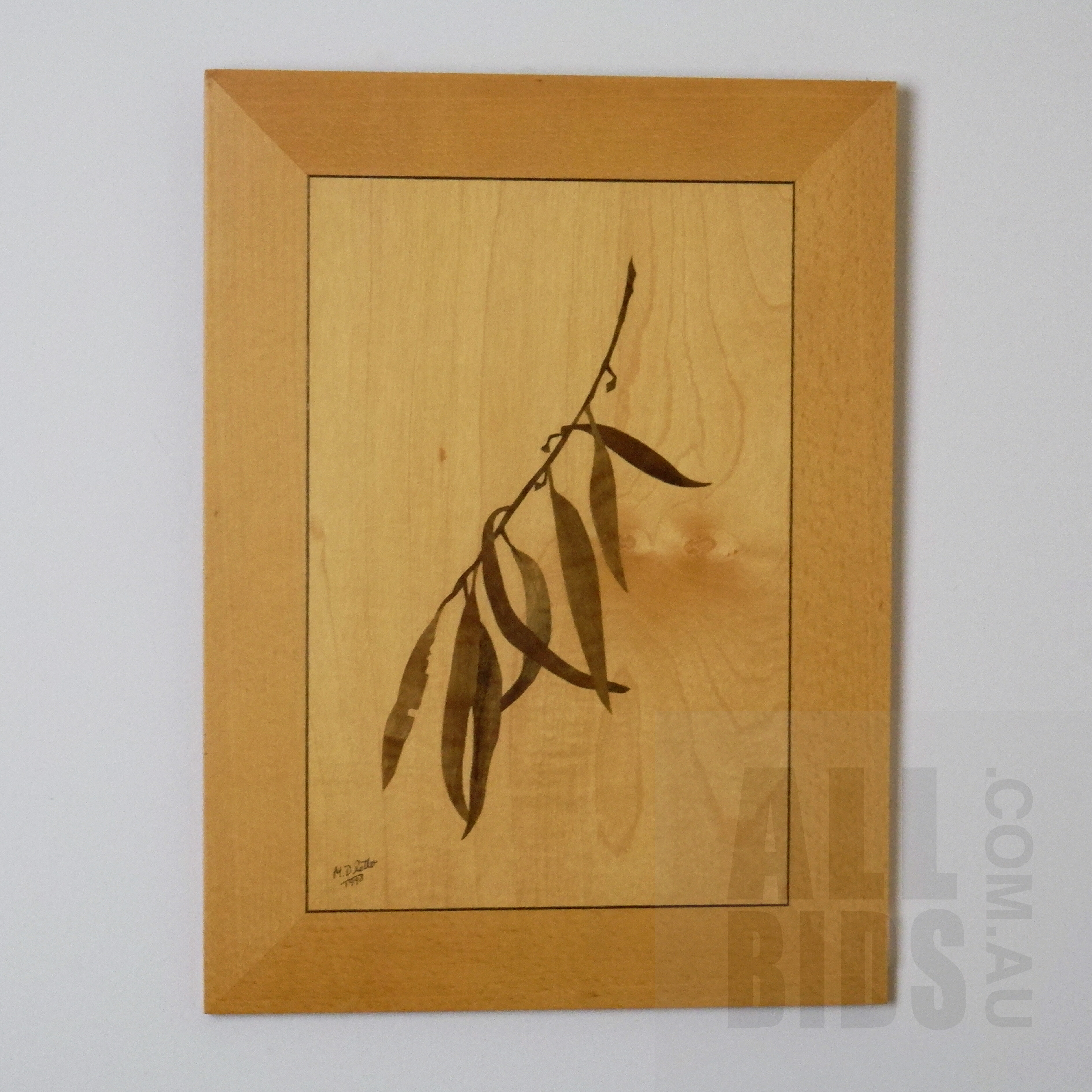 'Michael Retter (20th Century, Australian), Eucalyptus 1990, Marquetry Design including Queensland Walnut, Sycamore and Beech, 38.5 x 28.5 cm (overall)'