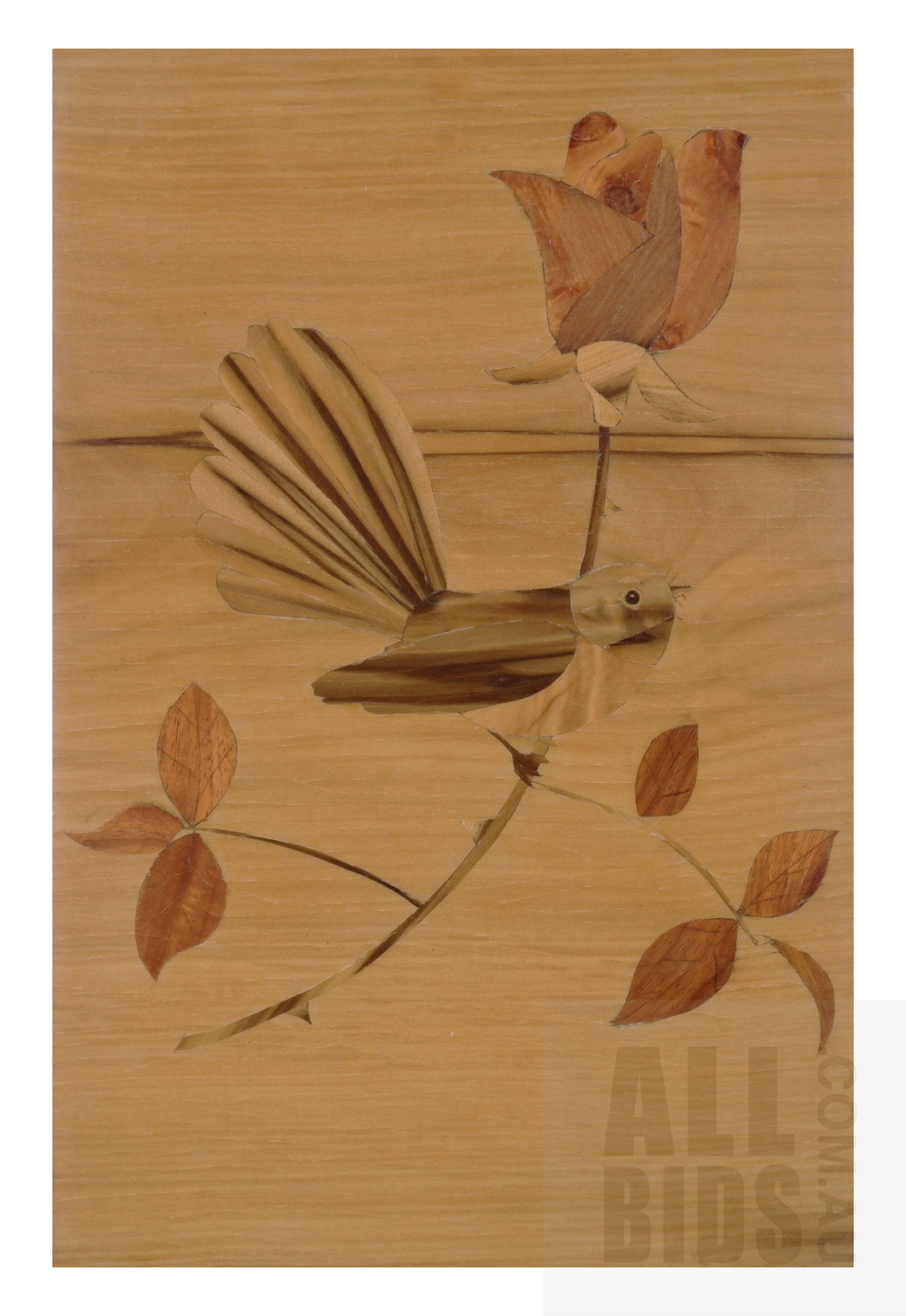 'Francis Whitley (20th Century, Australian), Fantail and Rose, Marquetry Design including Blackheart Sassafras, Myrtle and Blackwood (Tasmanian), 30 x 20 cm'