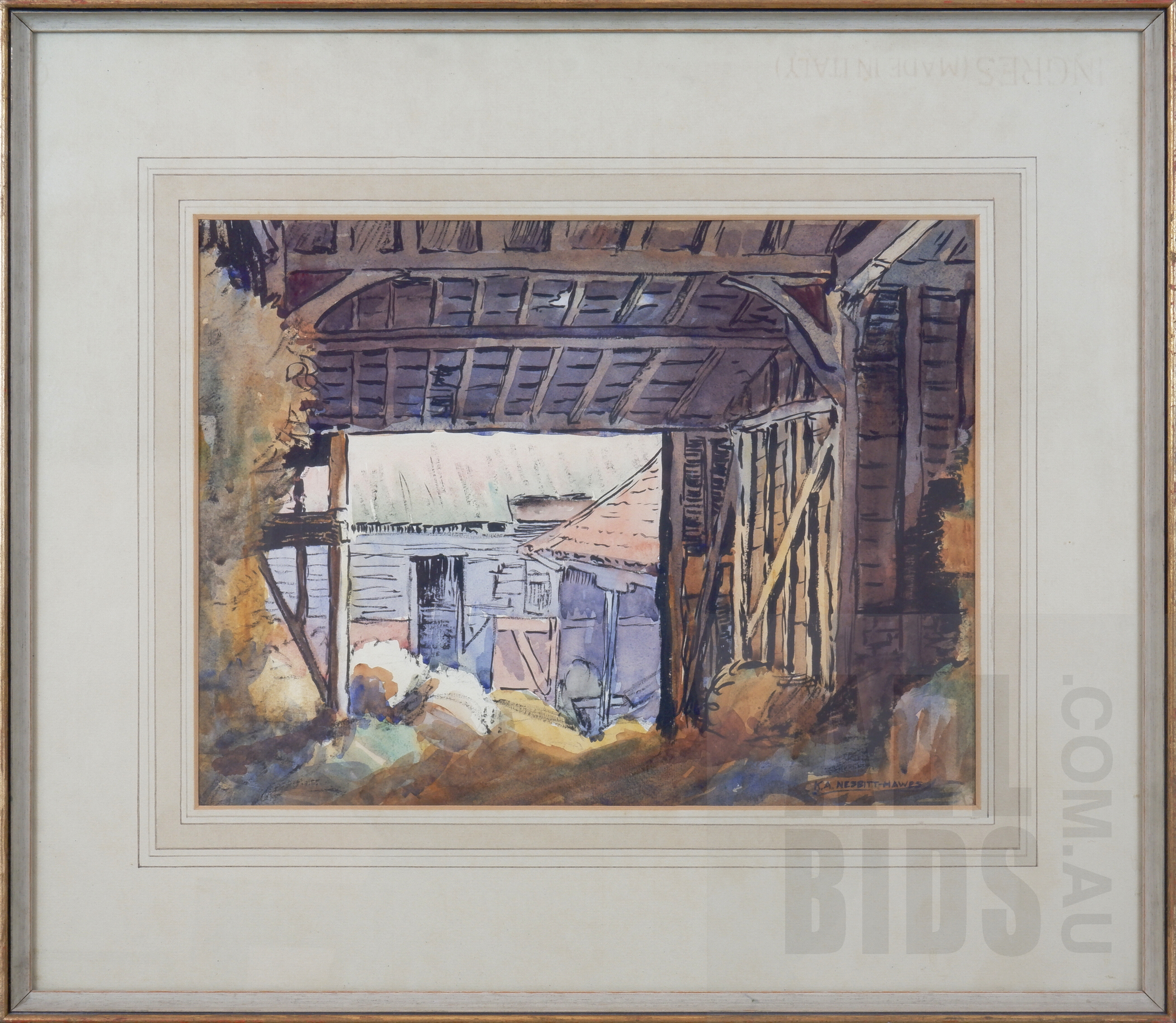'K. A. Nesbitt-Hawes (20th Century, Australian), English Barn Interior, Harvest, Ink & Watercolour, 27 x 36 cm'
