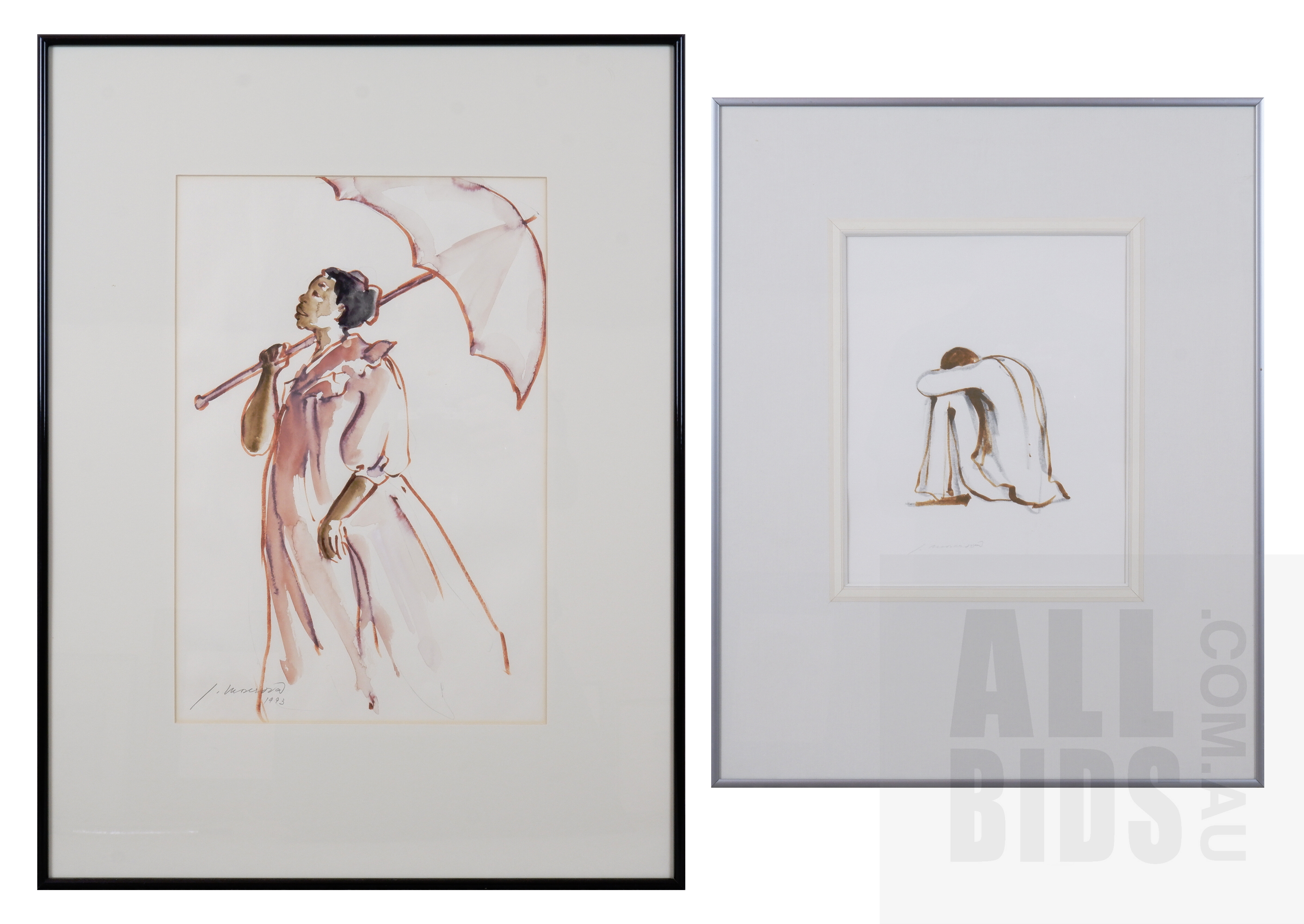 'Jara David Moserova (20th Century), Woman with Parasol 1993, Watercolour 40 x 27 cm together with Summer of Lost Hopes 1968, Watercolour, 25 x 20 cm (2)'
