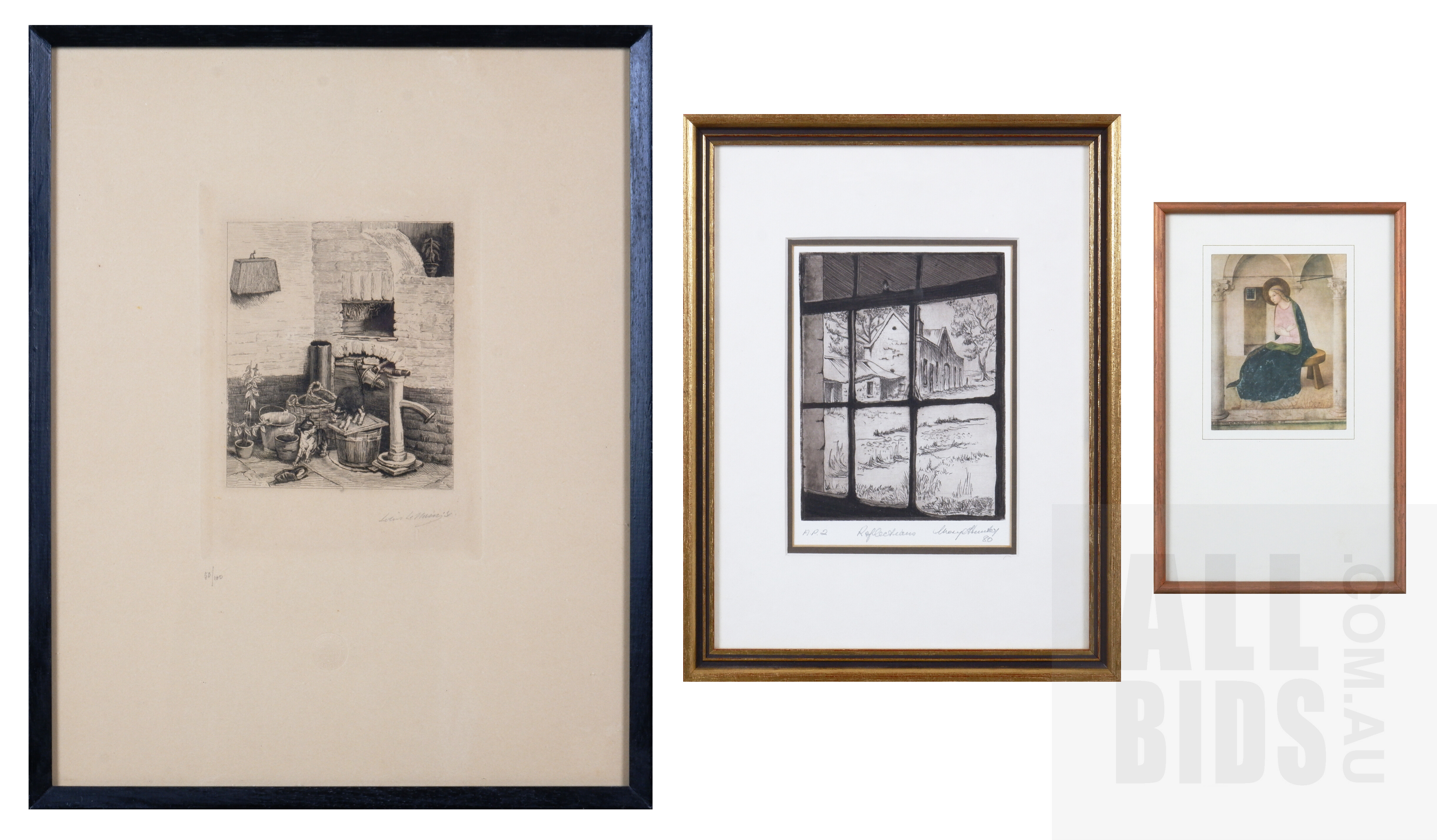 'After Louis le Nain, Etching, 13 x 11 cm (image size), Edition 50/100 together with Mary Hunter, Reflections 1980, Etching, 13 x 9.5 cm (AP) and a framed reproduction print of Fra Angelico, The Annunciation (3)'