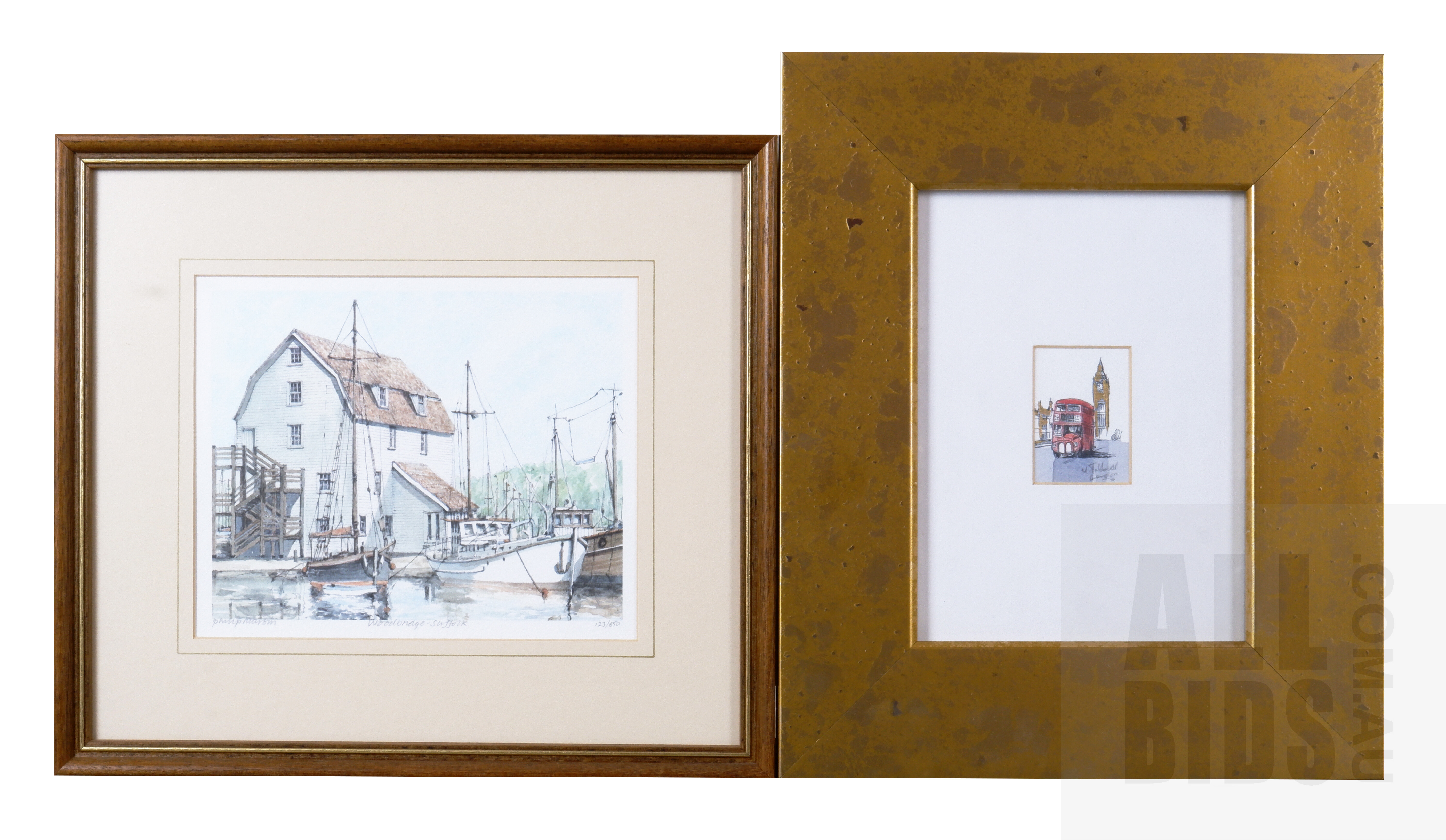 'Philip Marom (20th Century, British), Woodbridge, Suffolk, Lithograph, 14 x 17 cm (image size), together with a small framed etching of a London bus (signed indistinctly)'