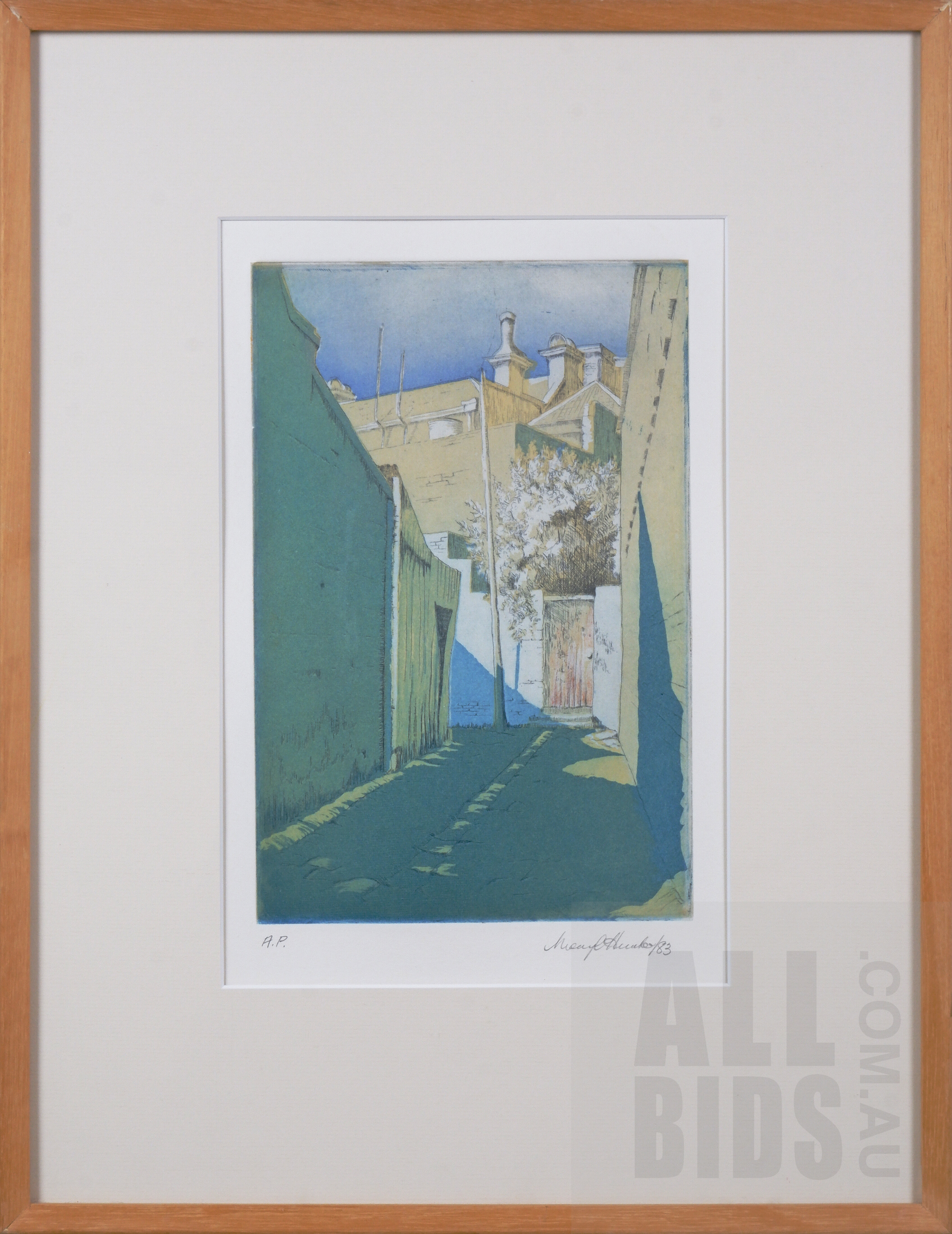 'Mary Hunter, Untitled (Laneway with Shadows) 1983, Etching & Aquatint, 25 x 17 cm (image size)'