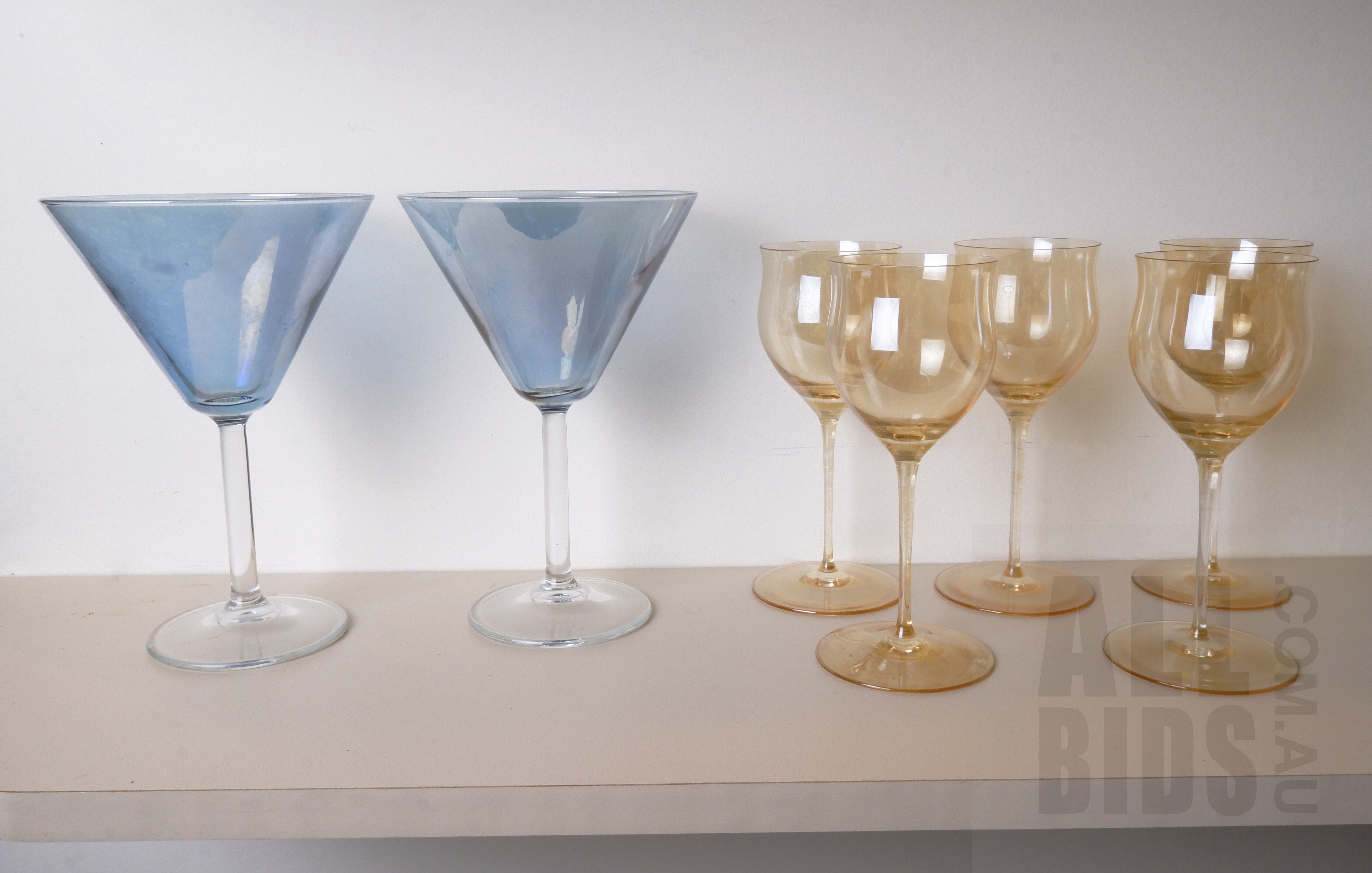 'Pair of Iridescent Glass Martini Glasses with Five Very Fine Iridescent Wine Glasses'