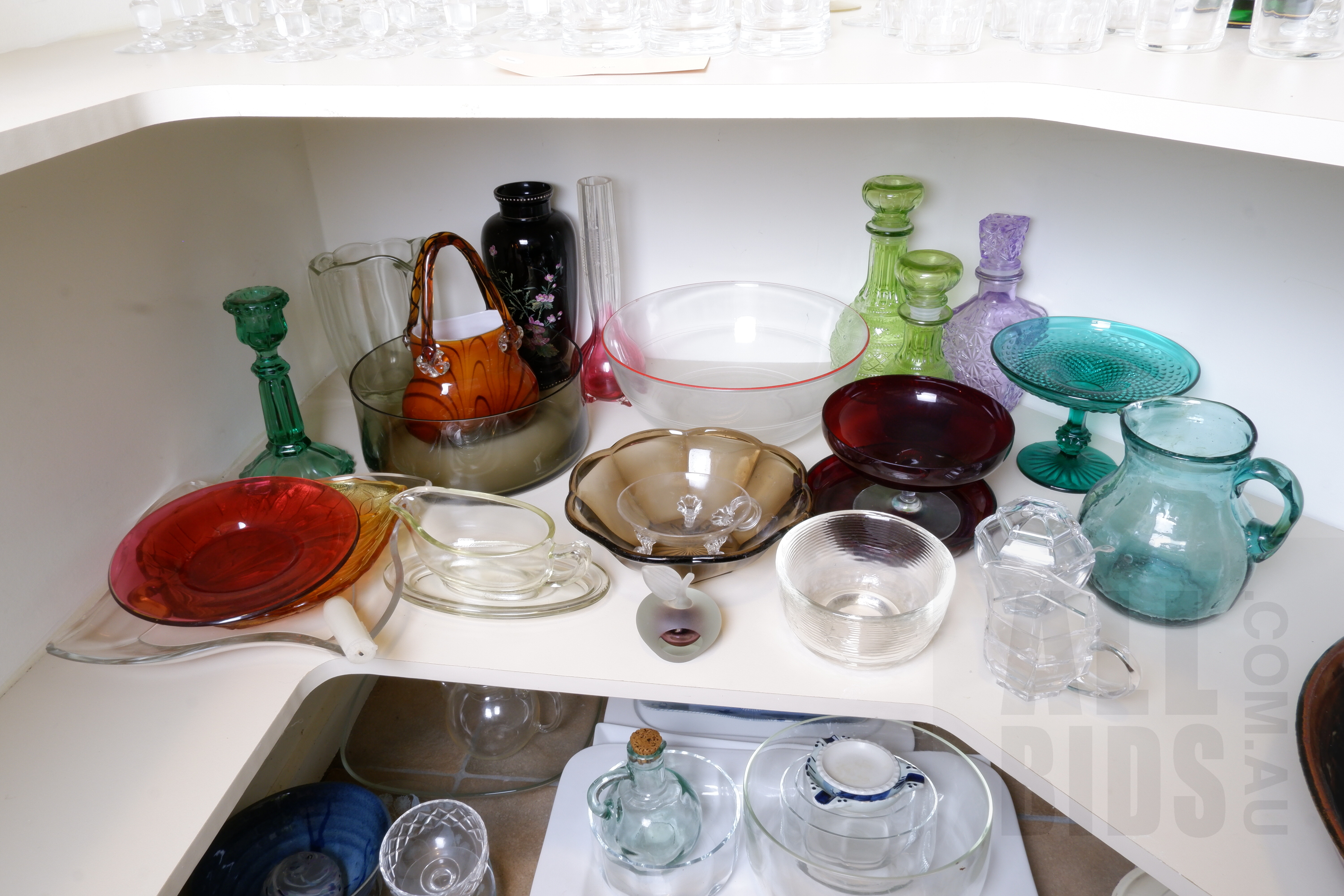 'Large Collection of Retro Glass Serving Ware and Ornaments, Including Basket Vase, Depression Glass Water Pitcher and More'
