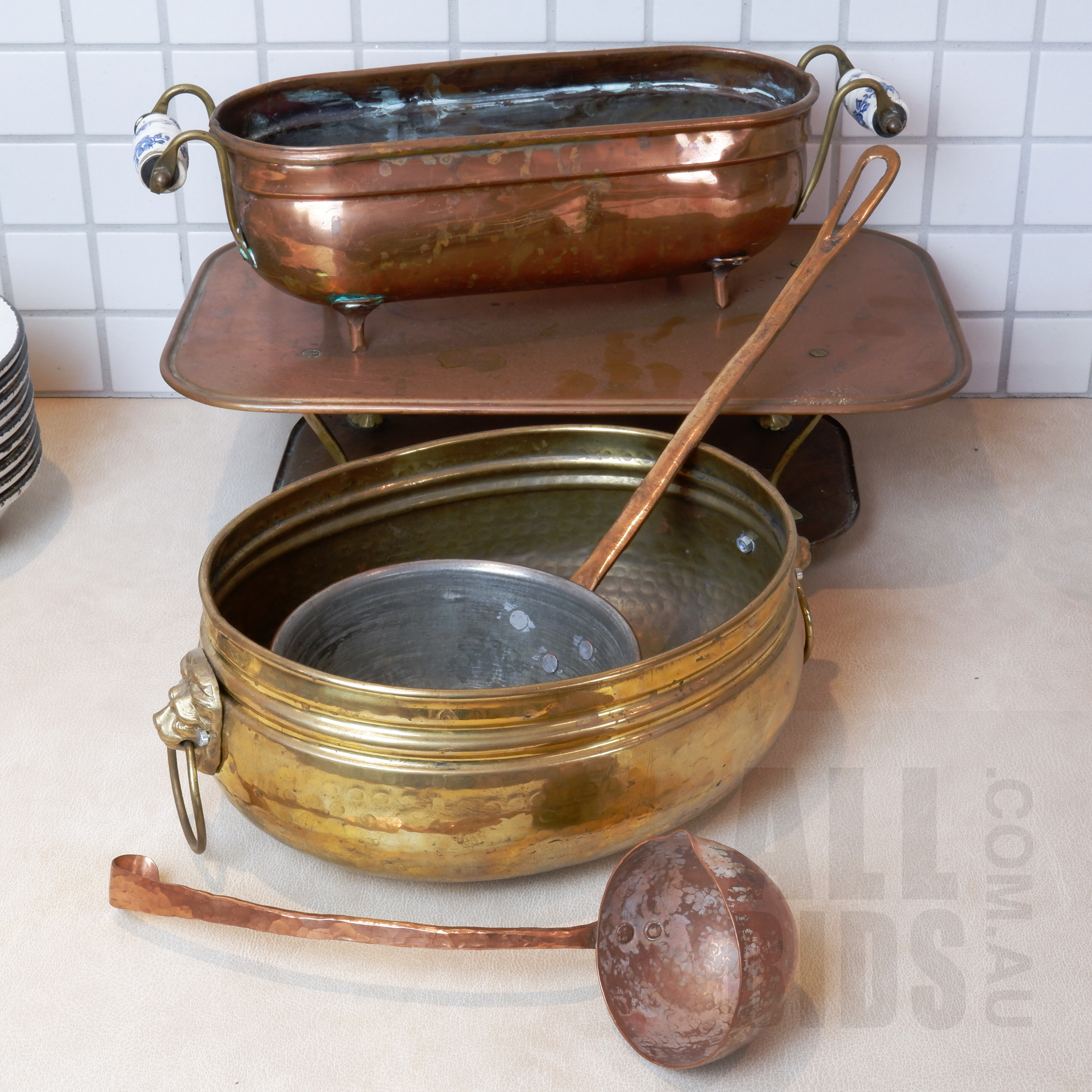 'Collection of Antique and Vintage Copper and Brassware, Including Large Ladle, Warming Stand and More'