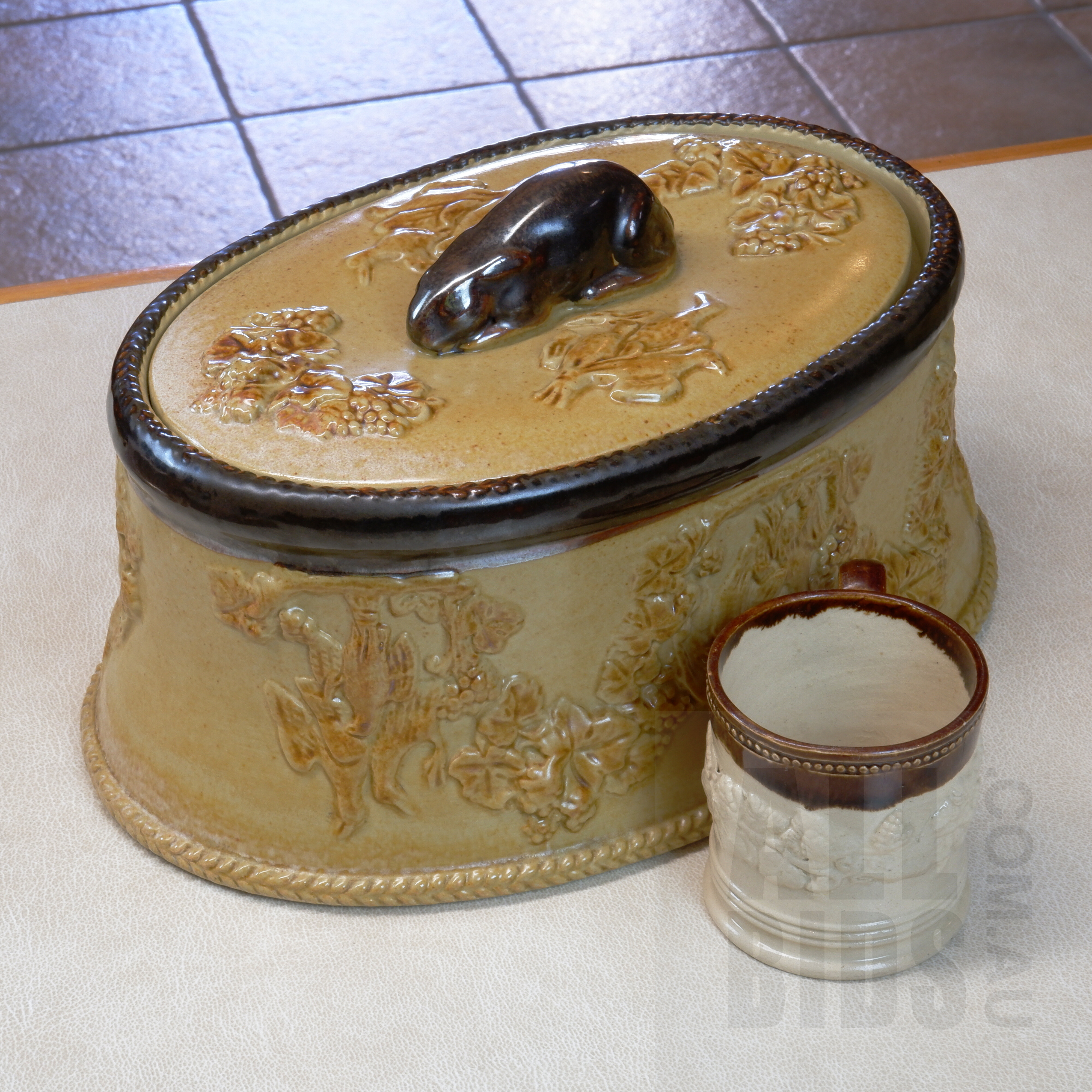 'Antique Stoneware Tureen With Rabbit Finial and Antique Stoneware Christening Cup'