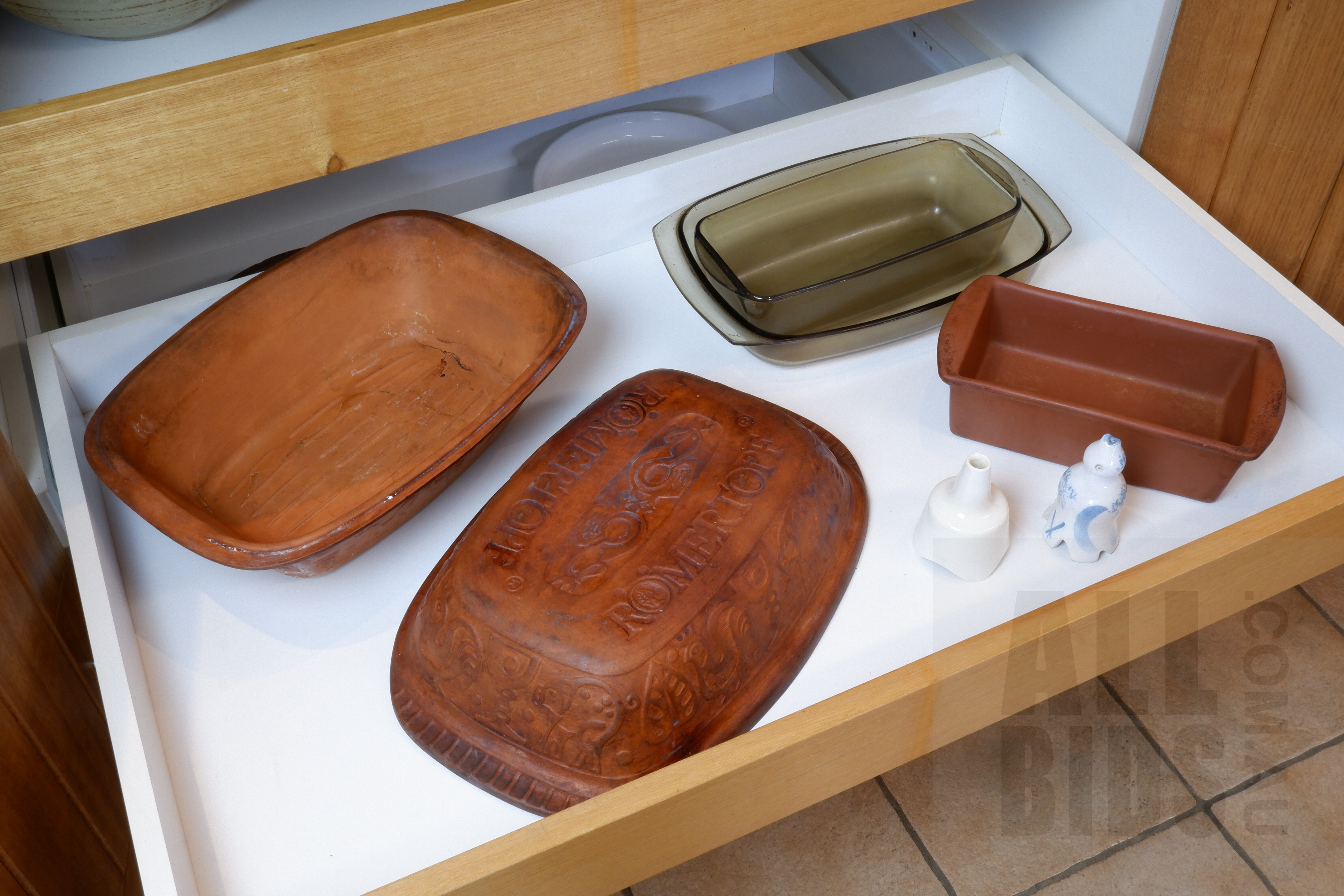 'Two French Arcopal Glass Oven Dishes, USA Copco Stoneware Baking Dish, West German Stoneware Baking Dish and More'
