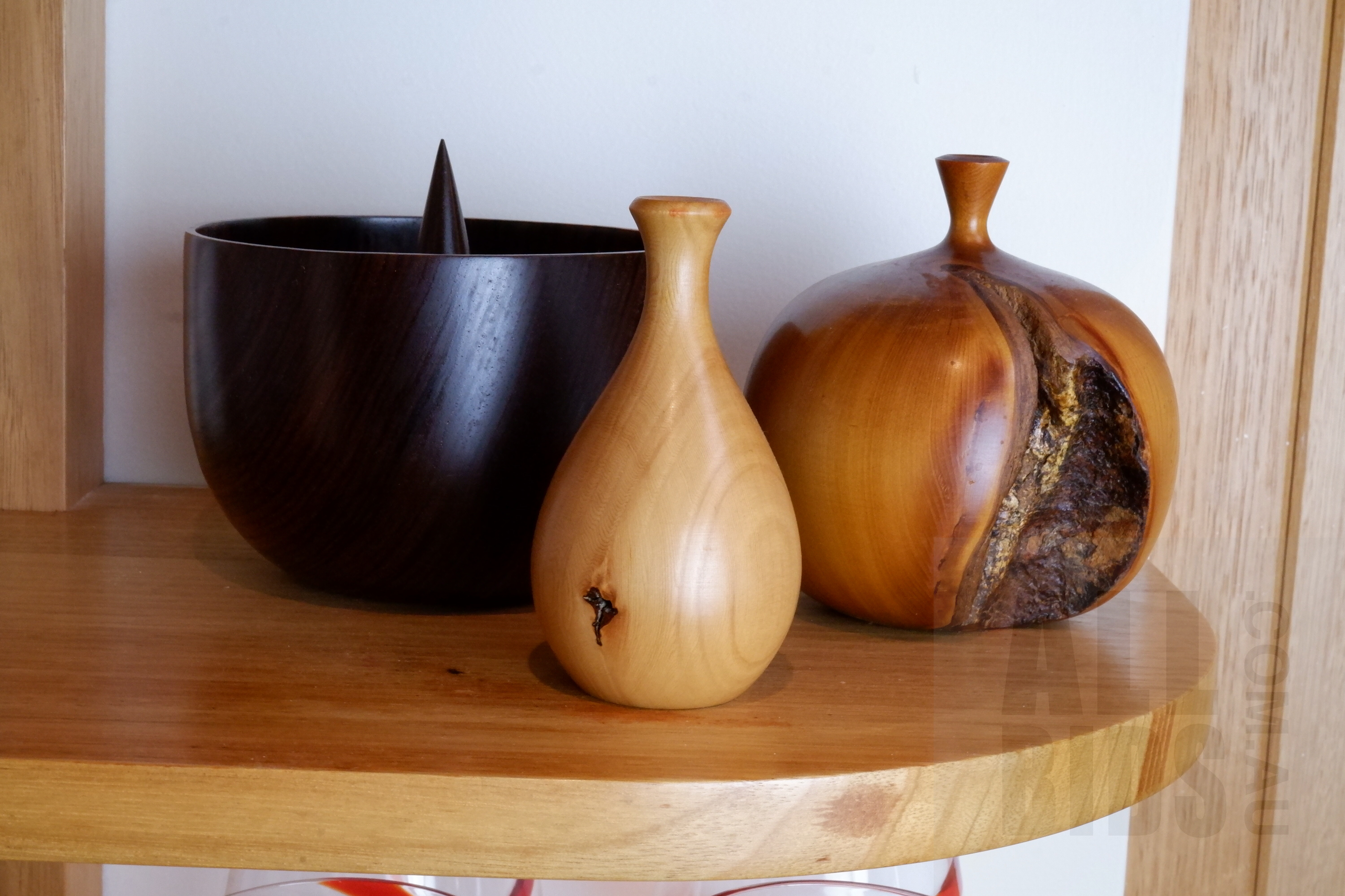 'Bespoke Rosewood Ring Dish, G Webb Huon Pine Stem Vase and a Mike Maddock Huon Pine Stem Vase'