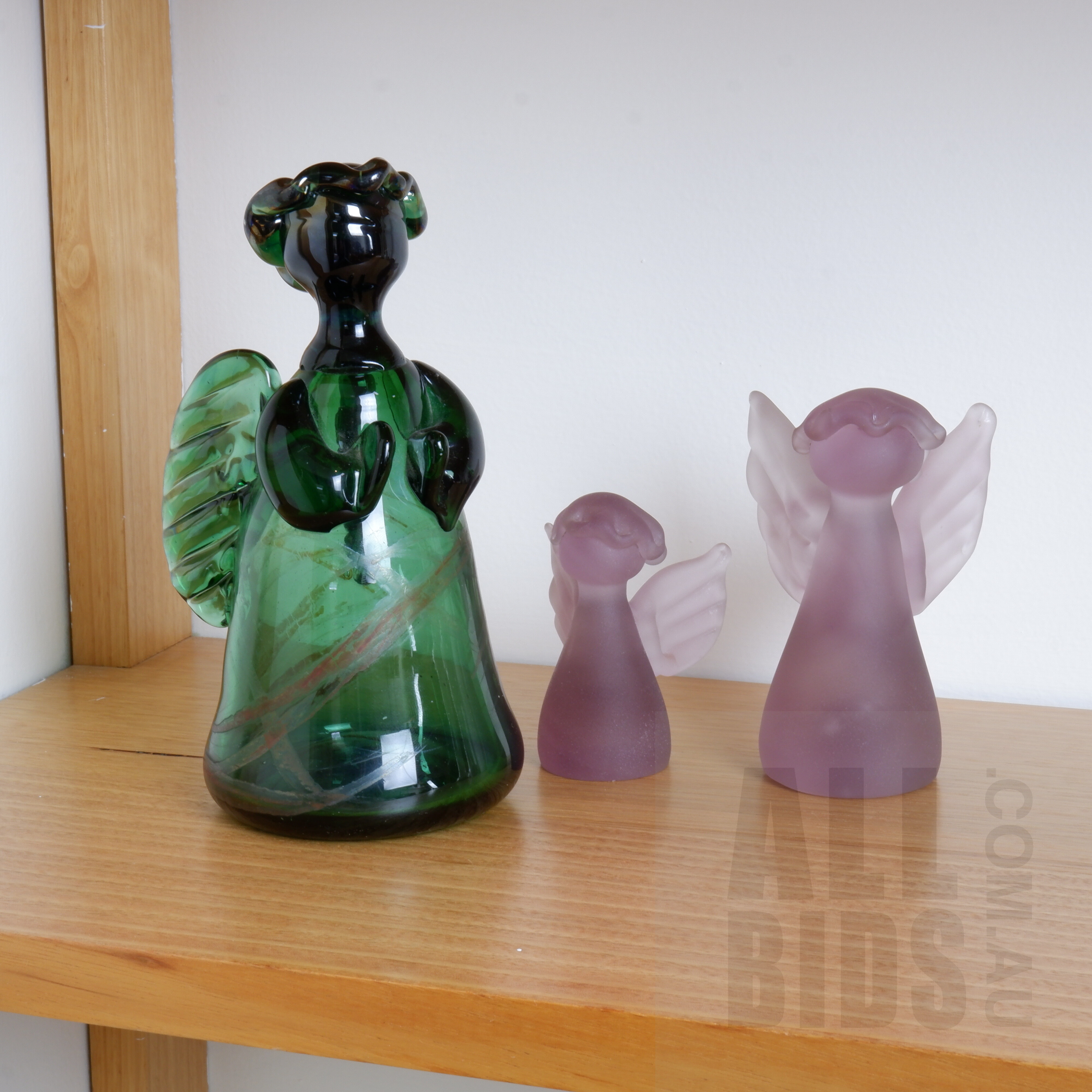 'Studio Art Glass Angel and Two Graduating Purple Art Glass Angel Figures'
