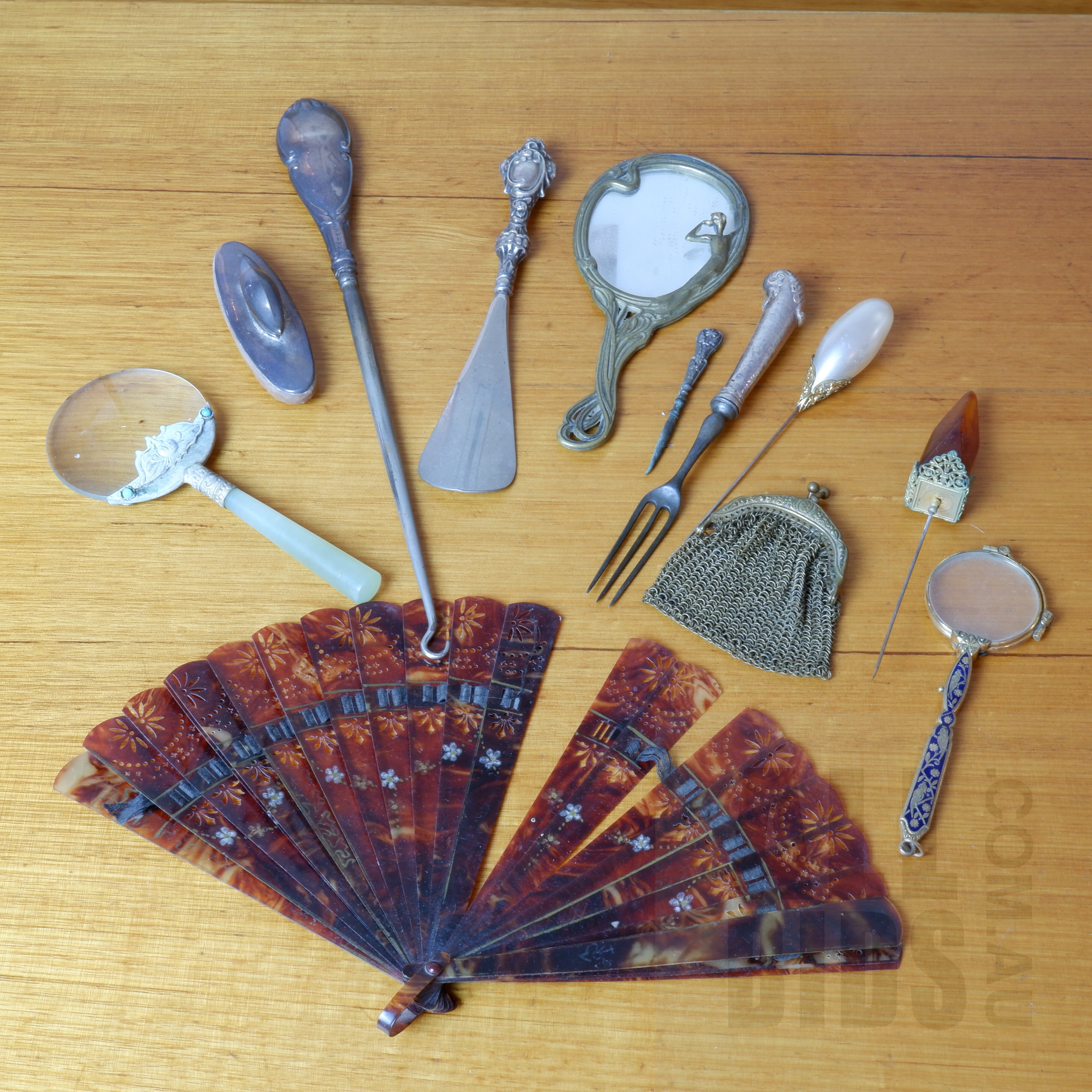 'Antique Sterling Silver Handled Shoe Horn and Button Hook, Art Nouveau Cast Brass Miniature Mirror, Tortoise Shell Fan and More'