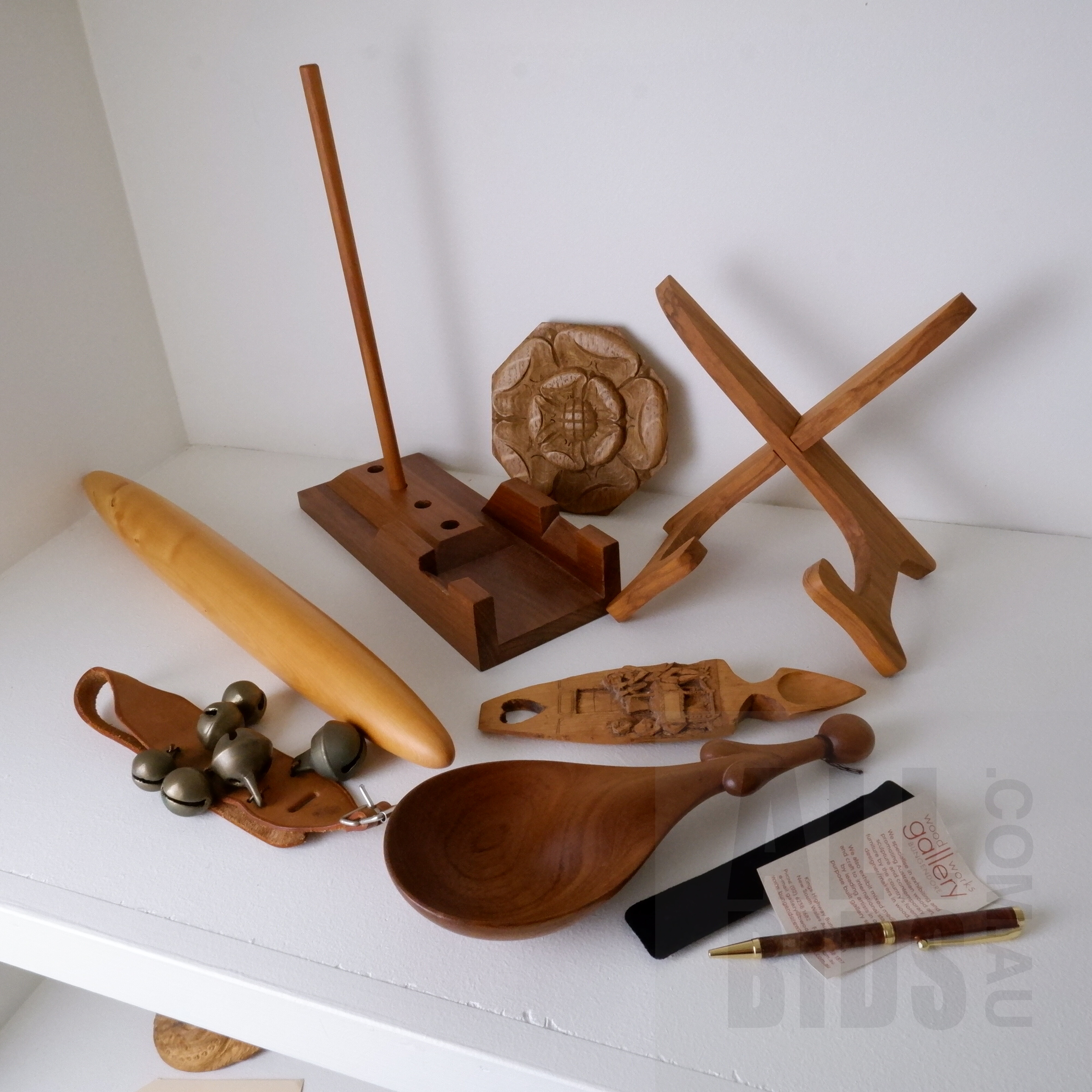 'Collection of Bespoke Hardwood Carvings, Including Plate Stands, Huon Pine Roller, Bungendore Woodworks Pen, Judith Pearson Plaque and More'
