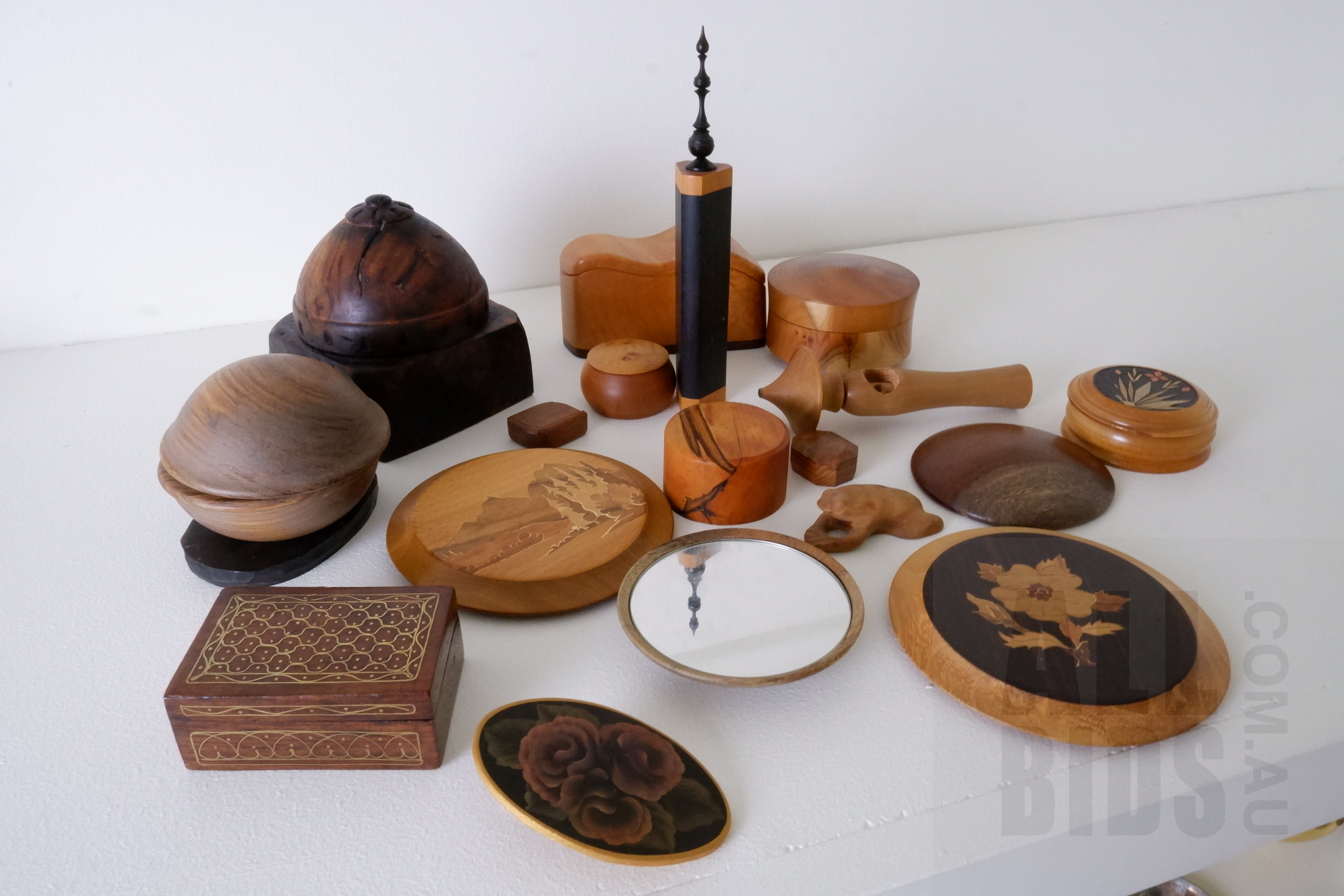 'Collection of Australian and International Hardwood Carvings, Including Woodwork by Dave Plaques, Carved Gum and Maple Boxes and More'