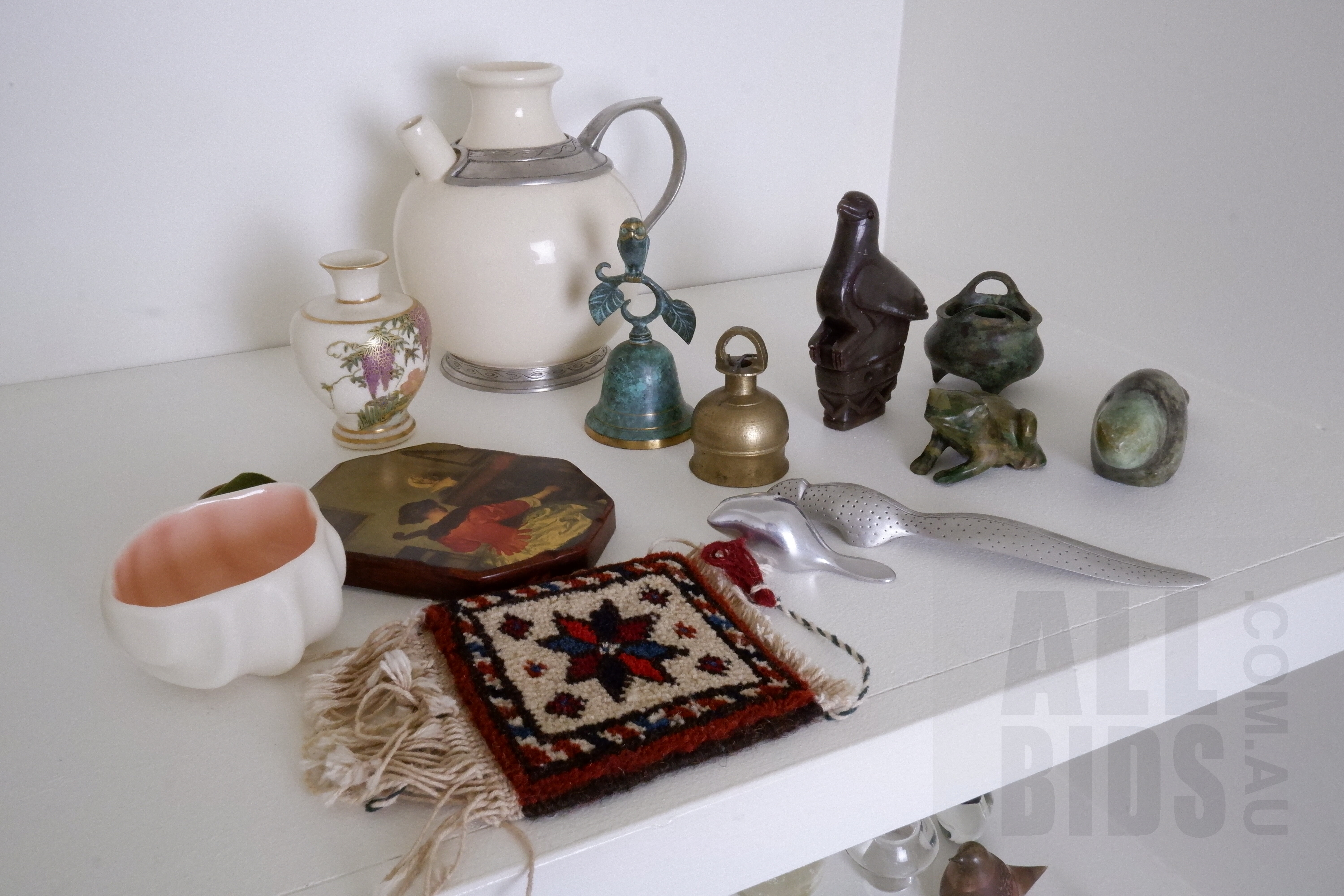 'Miniature Satsuma Vase, Inuit Soapstone Carvings, Peter Diepenbrock Pewter Page Turner, Scottish Ceramic Jug and More'