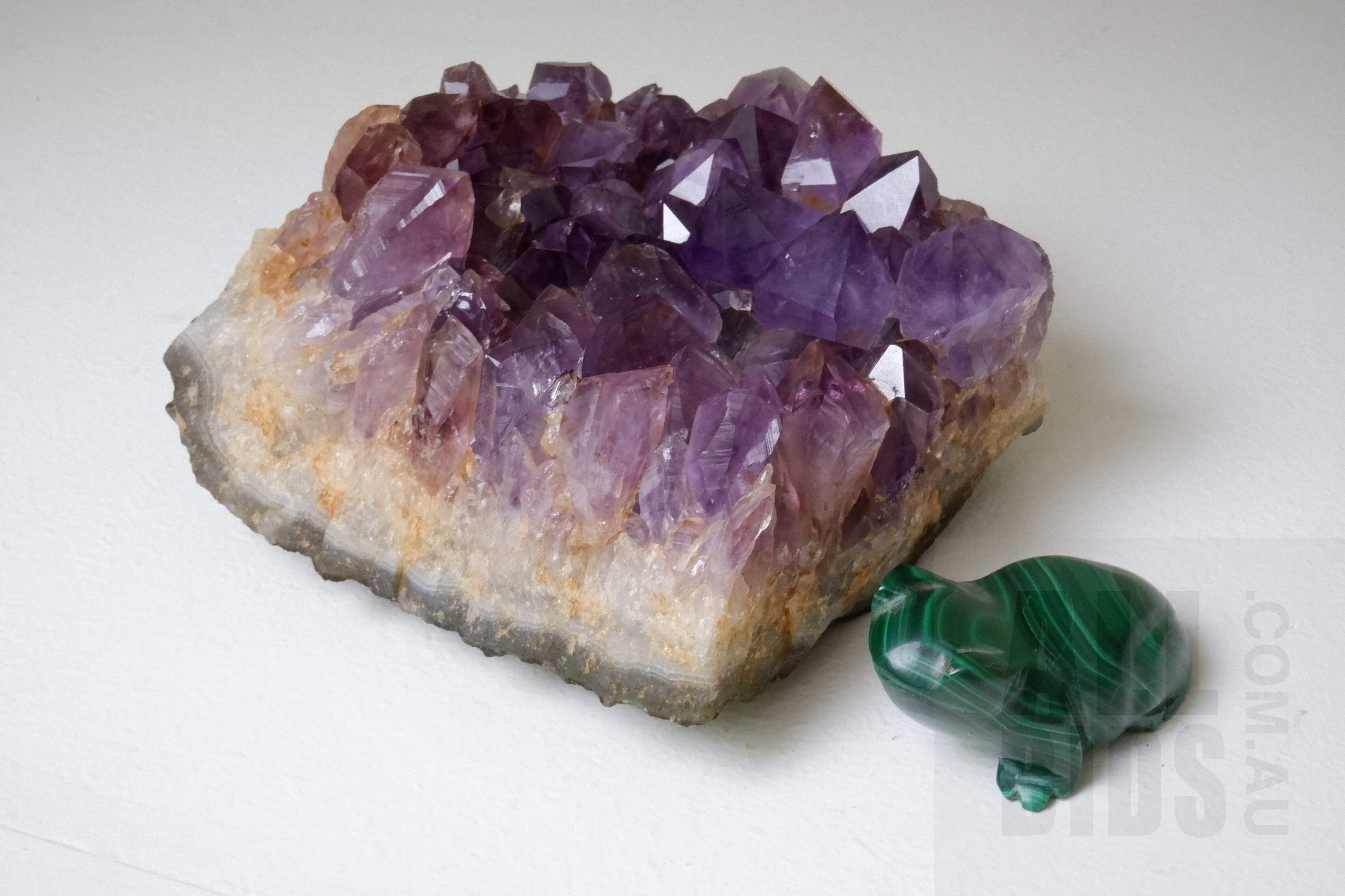 'Amethyst Crystal Cluster and a Malachite Frog'