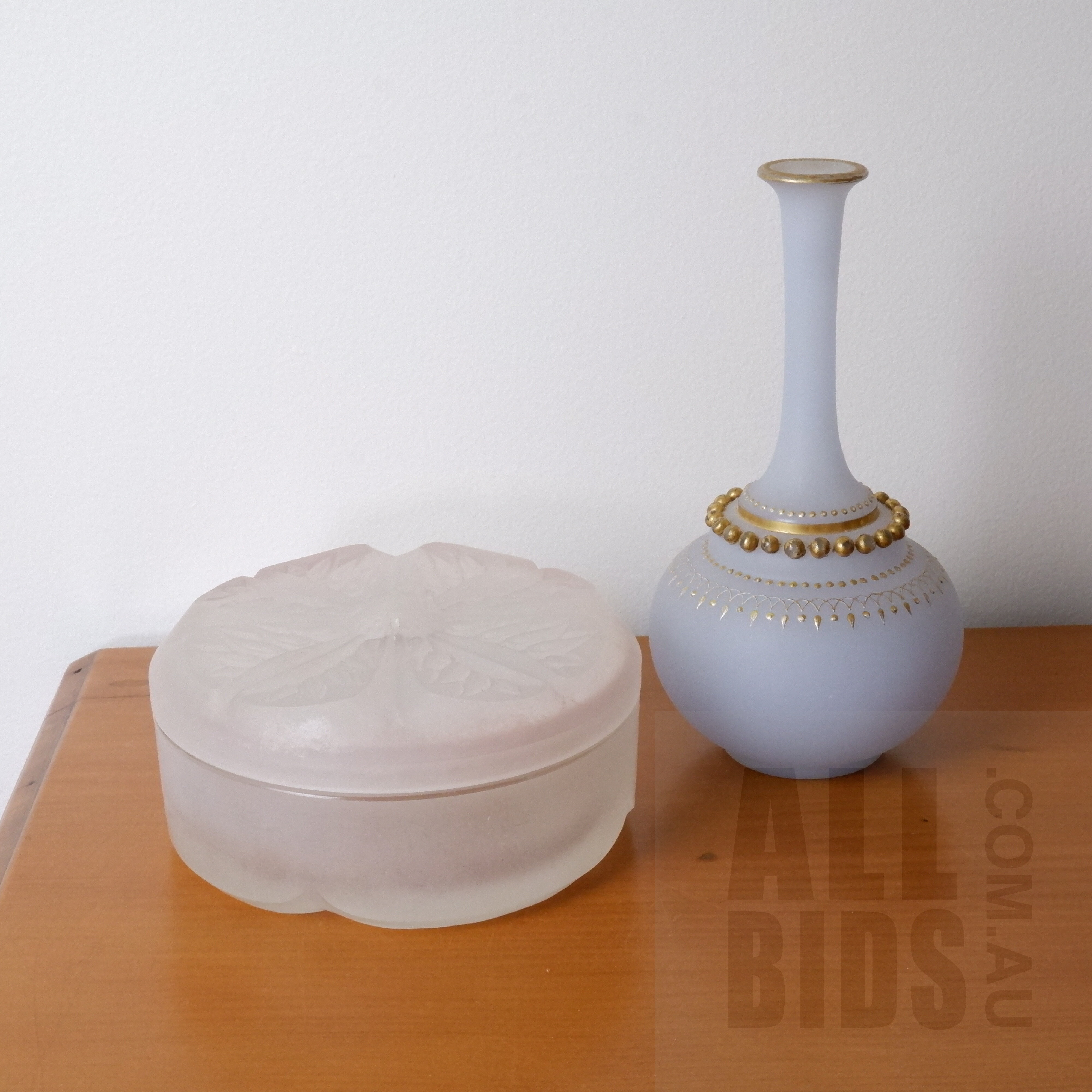 'Vintage Frosted Glass Powder Box and an Antique Gilt Opaline Glass Vase'