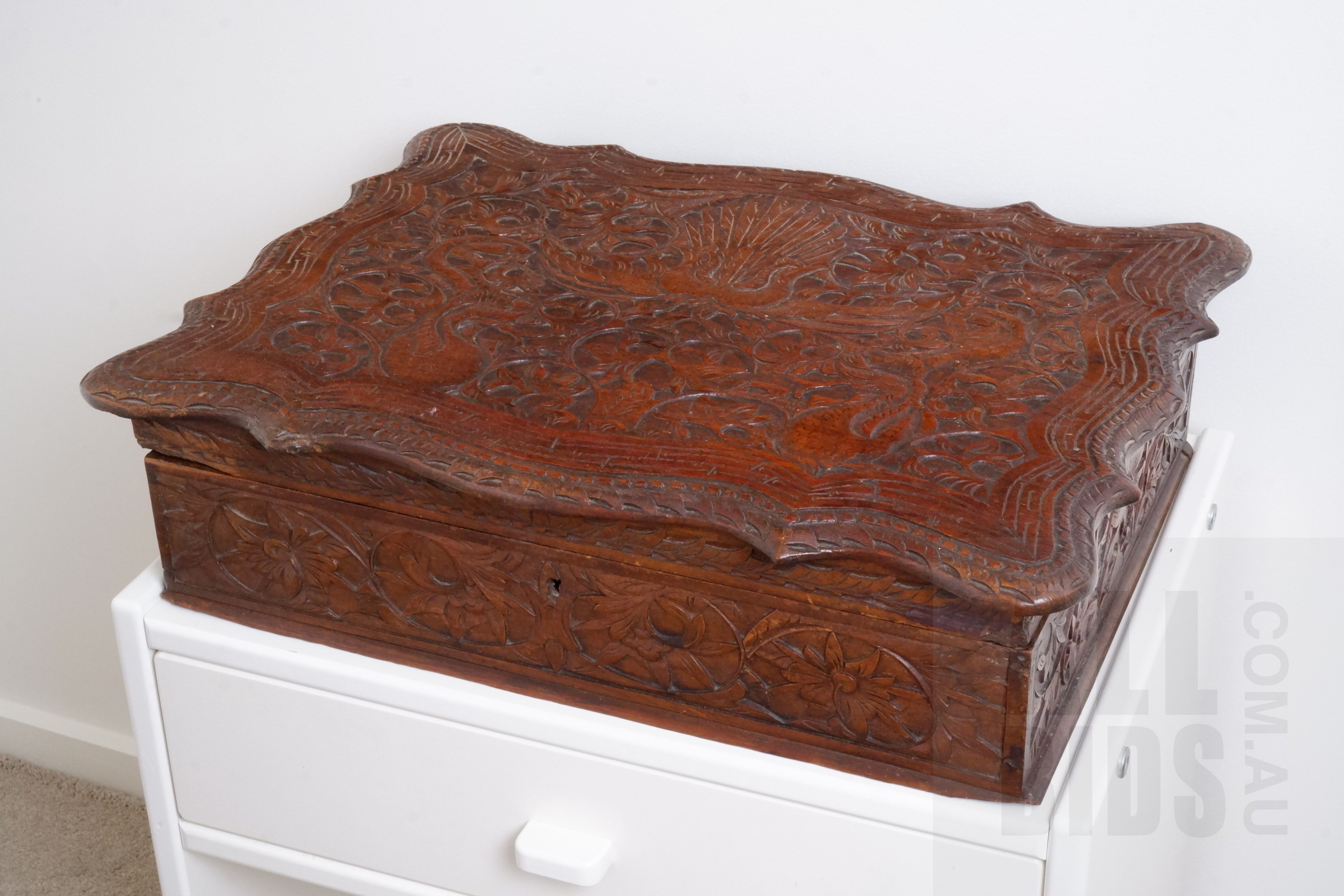 'Korean Profusely Carved Hardwood Writing Box'