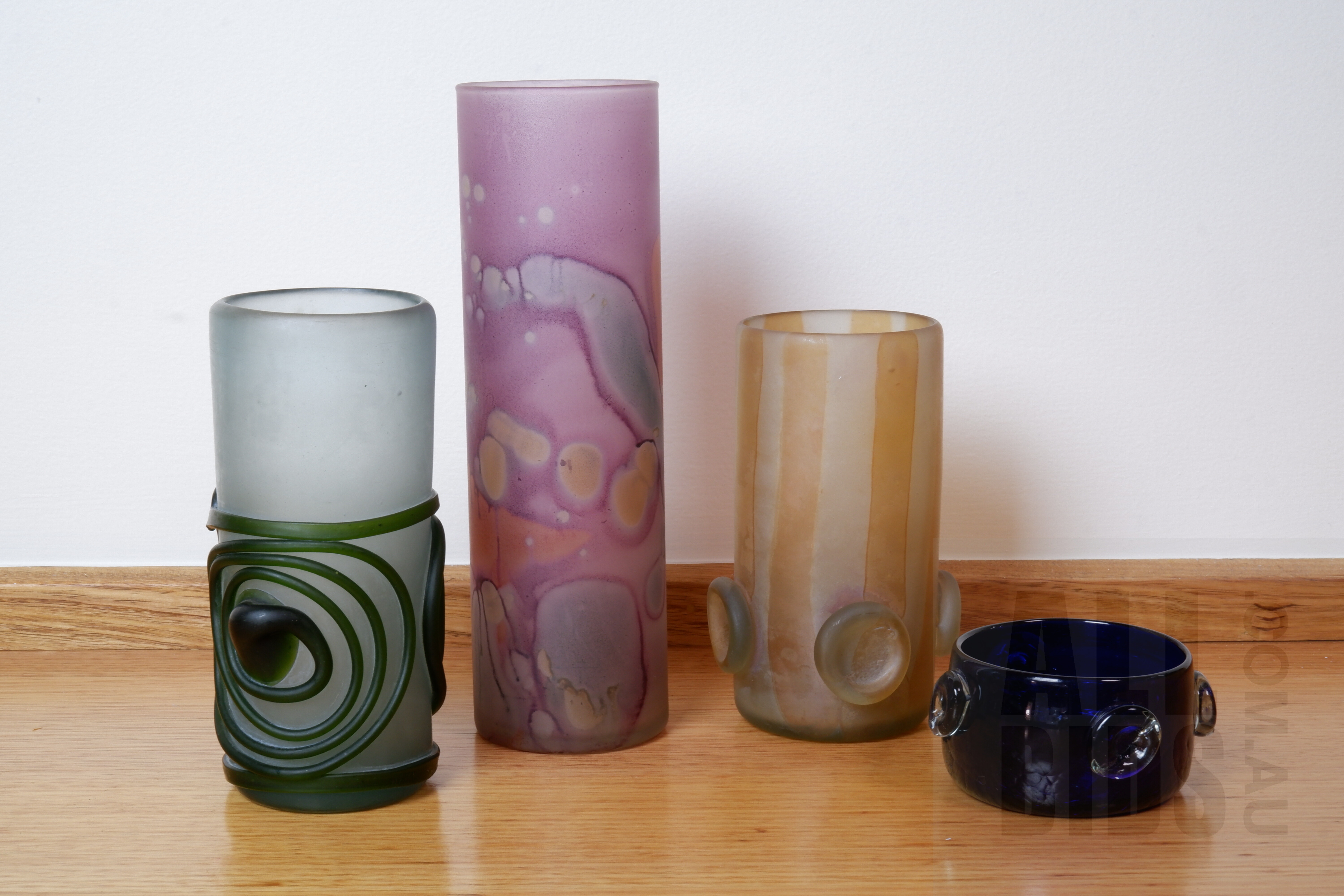 'Four Australian School Art Glass Vases, One with Applied Glass Trailing and Two with Four Glass Prunts'