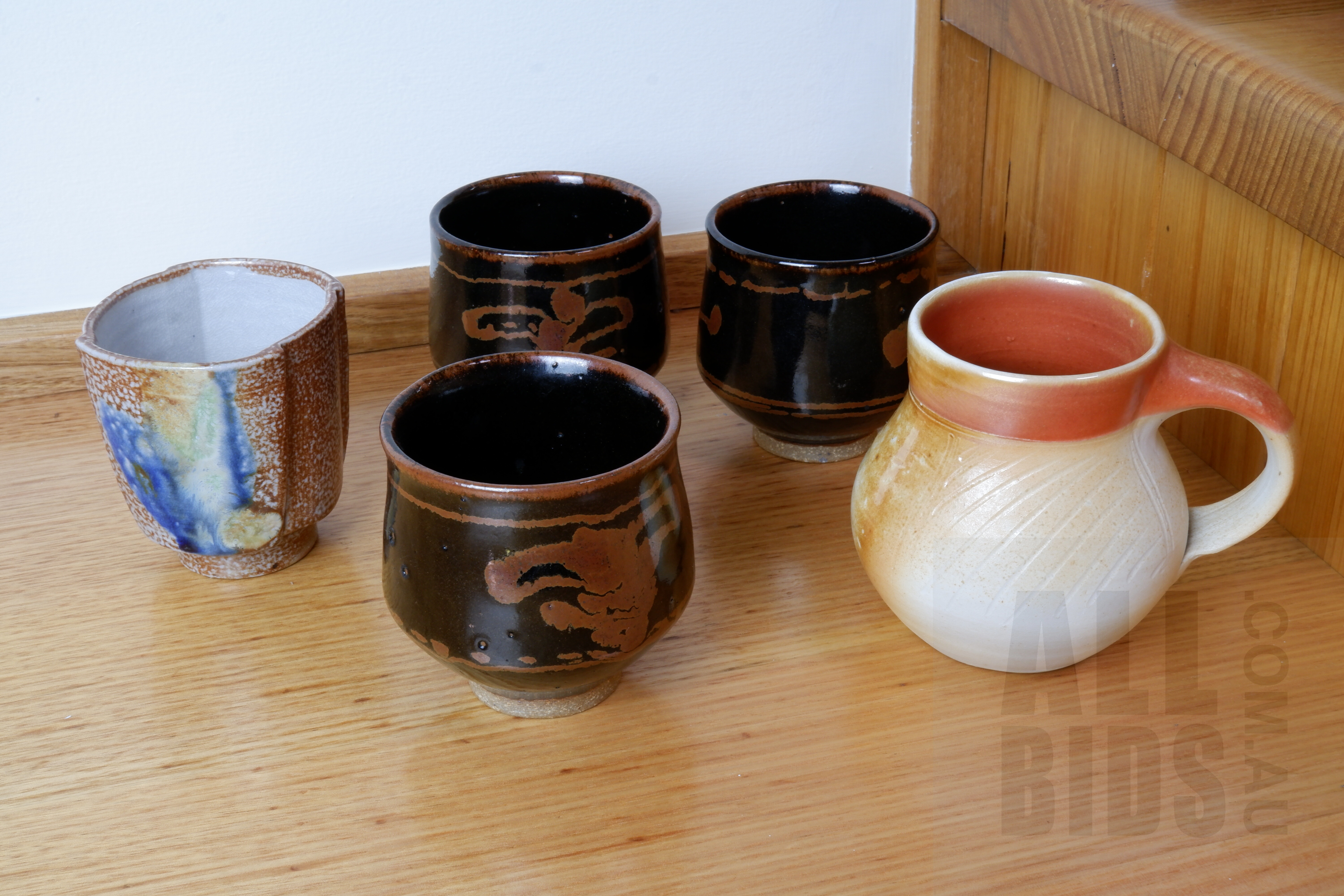'Three Studio Pottery Tenmoku Glazed Chawan (Tea Bowl) and Two Other Pieces of Studio Ceramics'