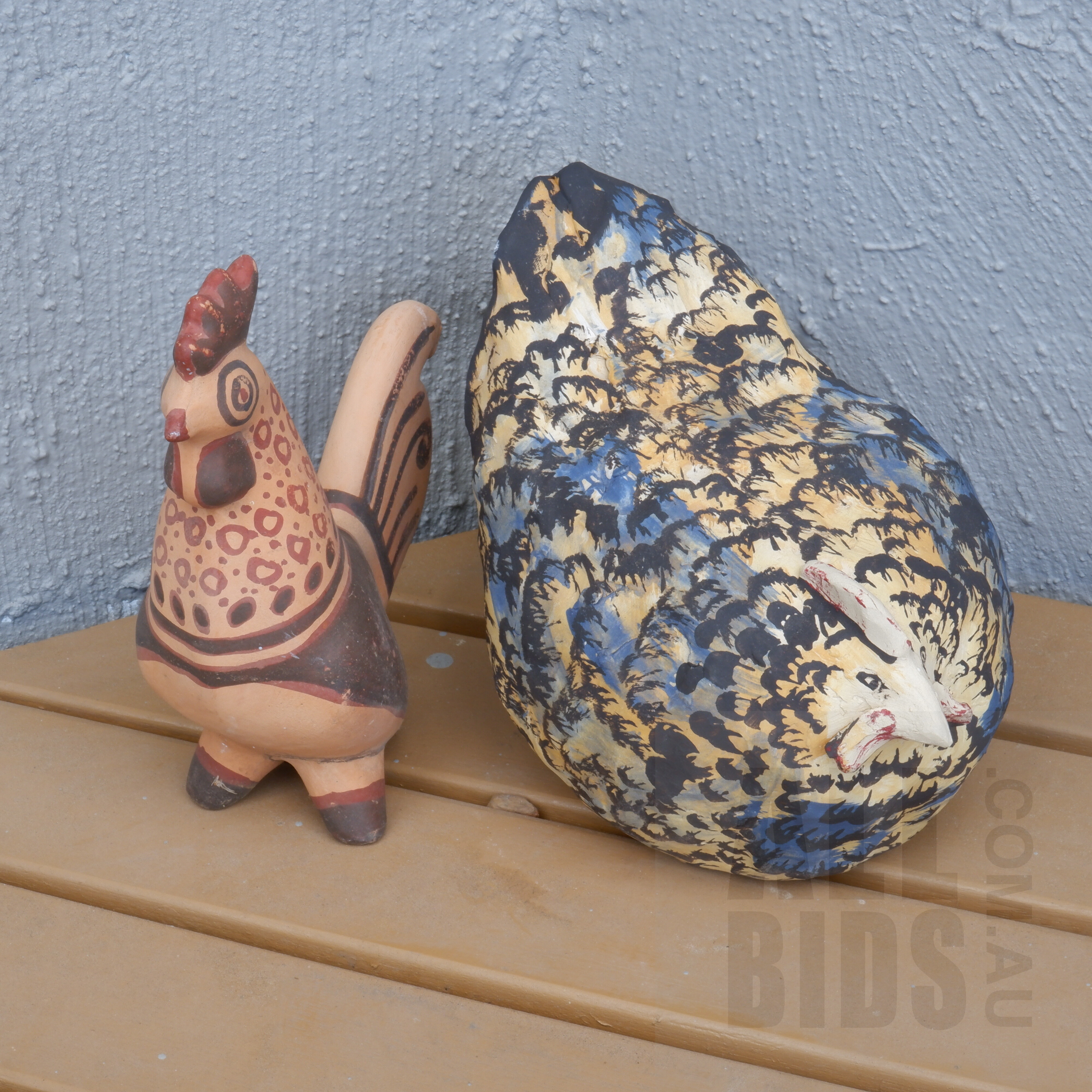 'Painted Terracotta Rooster and Another Painter Ceramic Rooster'