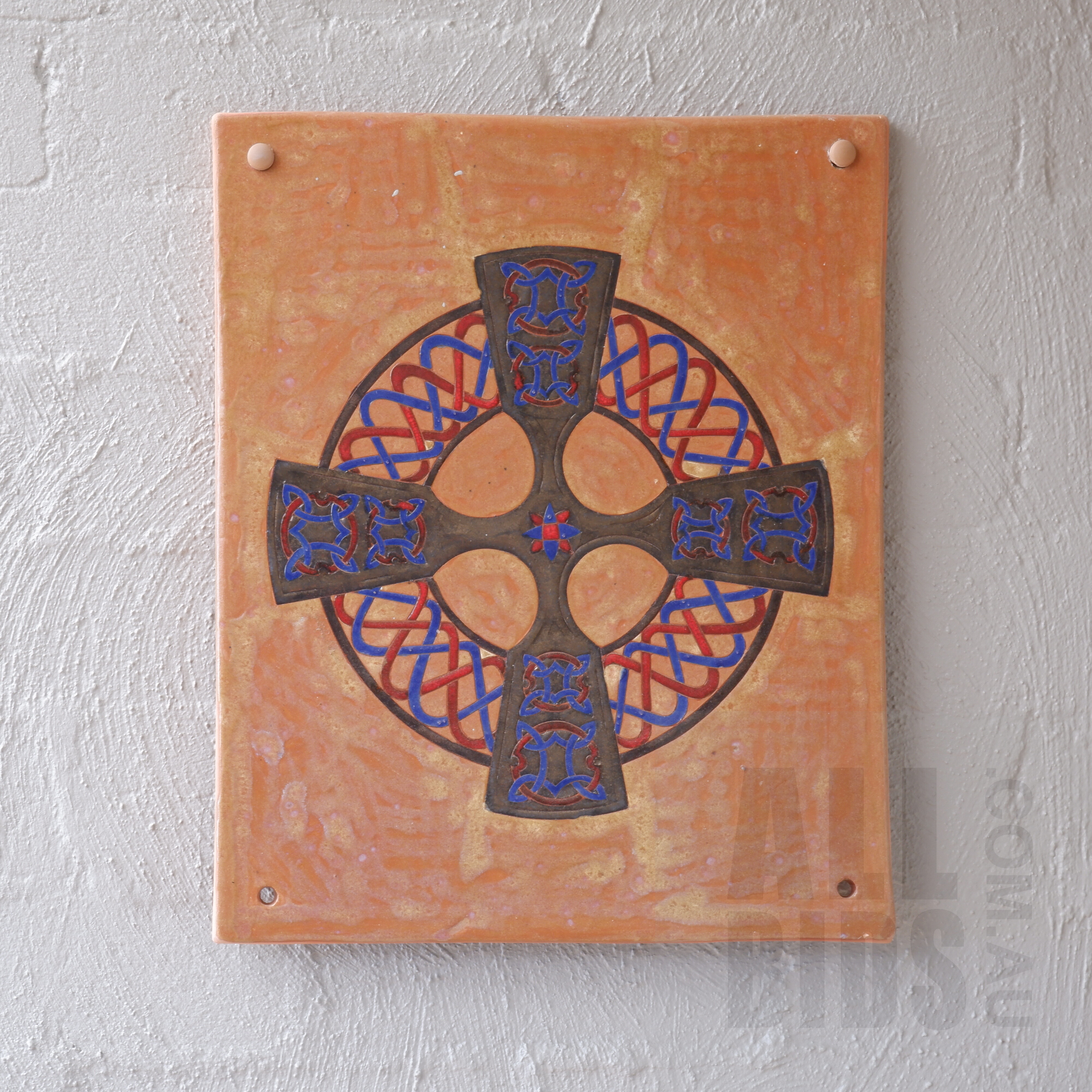 'Glazed Ceramic Wall Plaque with Celtic Cross Motif'