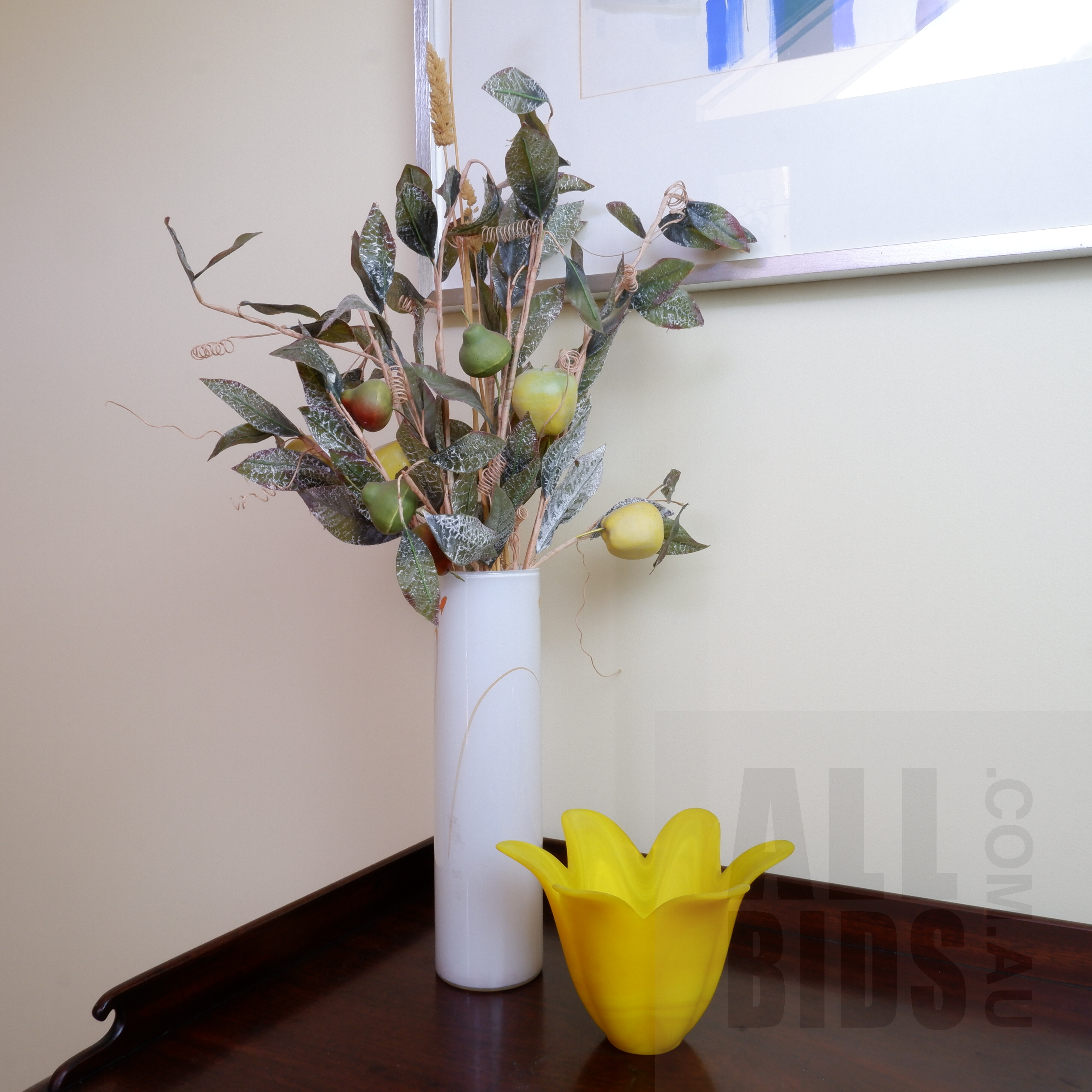 'Tall Studio Art Glass Vase With Another Yellow Cast Glass Tulip Vase'