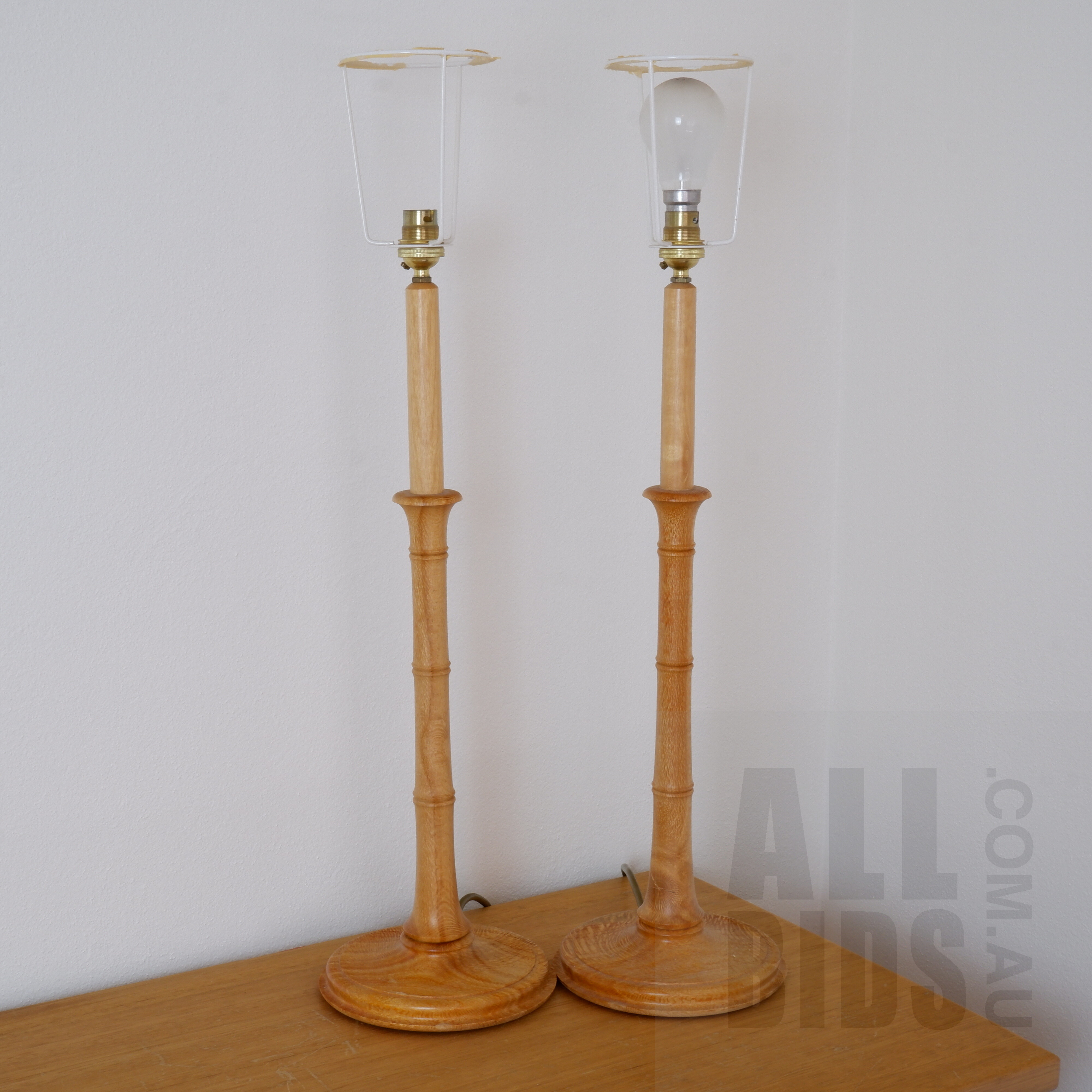 'Pair of Good Turned Silky Oak Table Lamps'