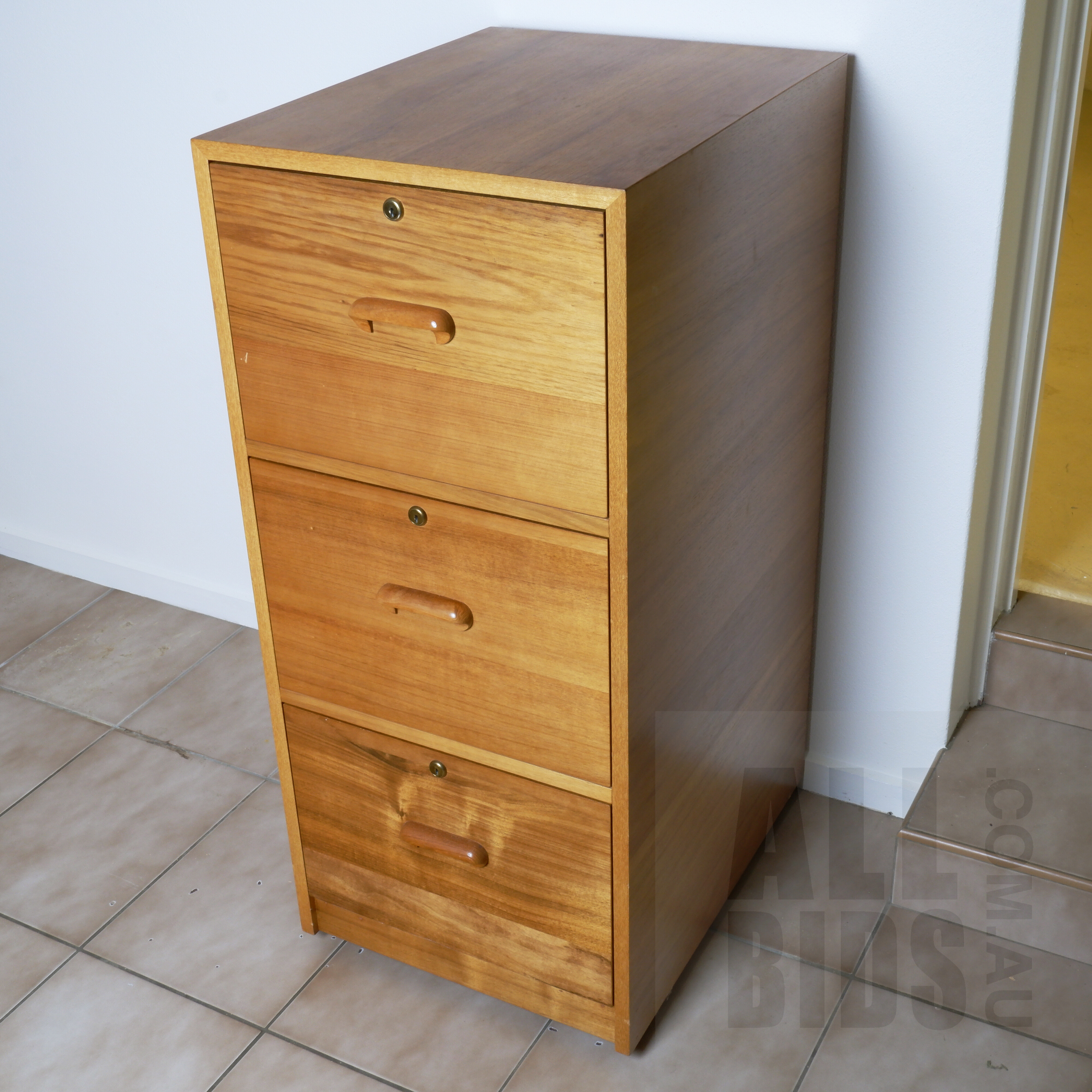 'Bespoke Hardwood Three Drawer File Cabinet, Probably Pipers Furniture'