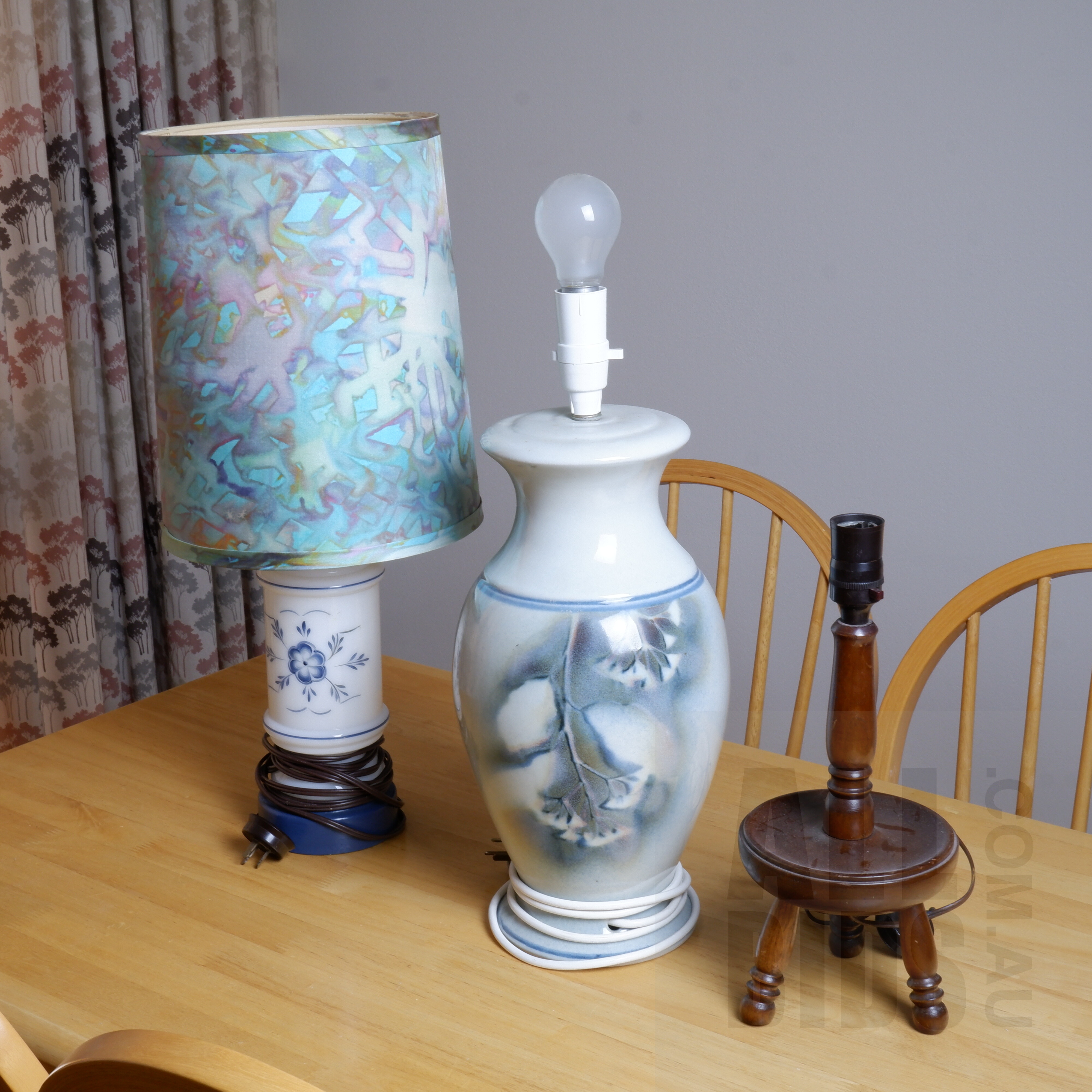 'Painted Milk Glass Table Lamp, Painted Ceramic Table Lamp and a Turned Maple Lamp'