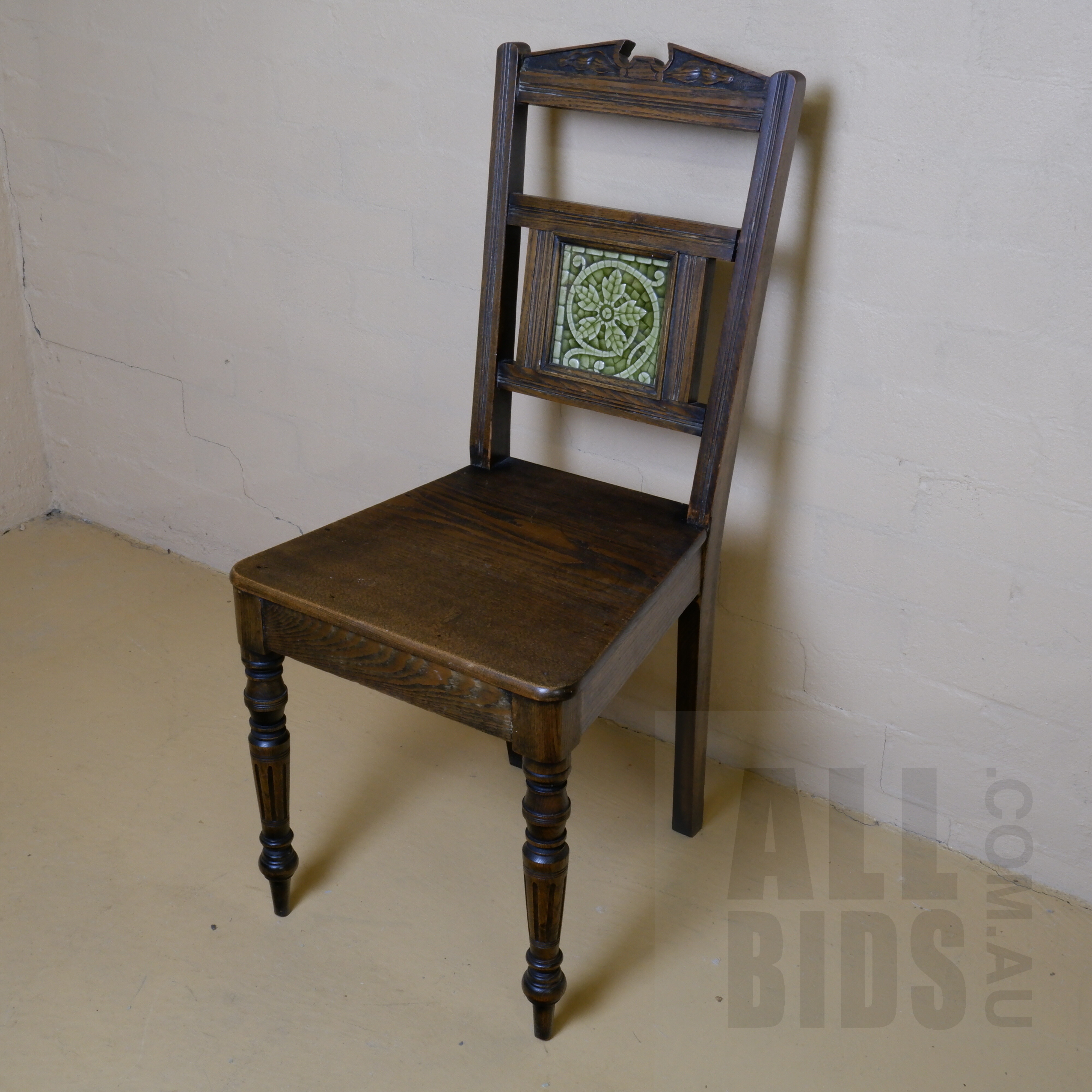 'Antique Oak Side Chair with Inlaid Majolica Glazed Tile'