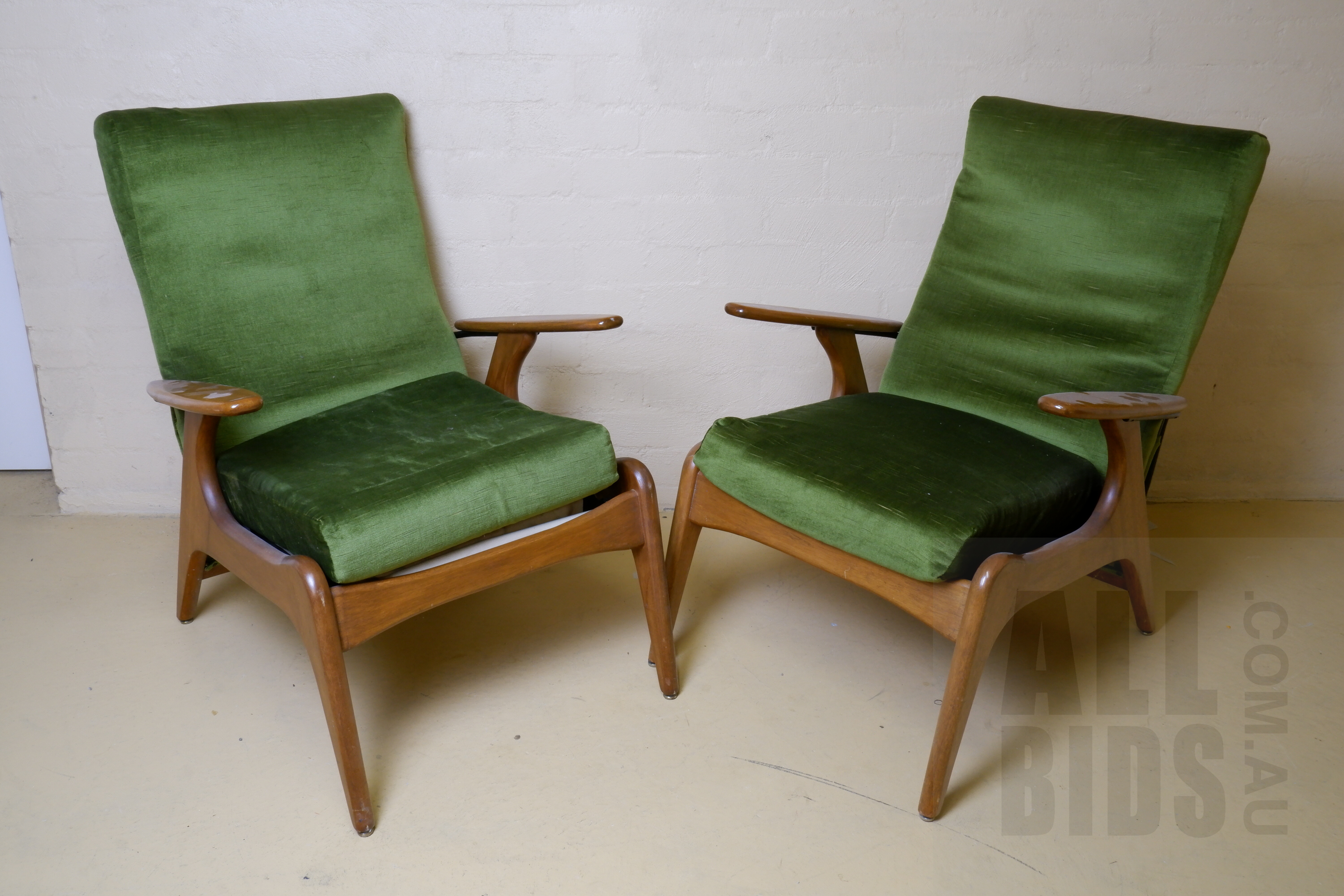 'Pair of Fler Sc55 Style Teak Armchairs with Green Fabric Upholstery'
