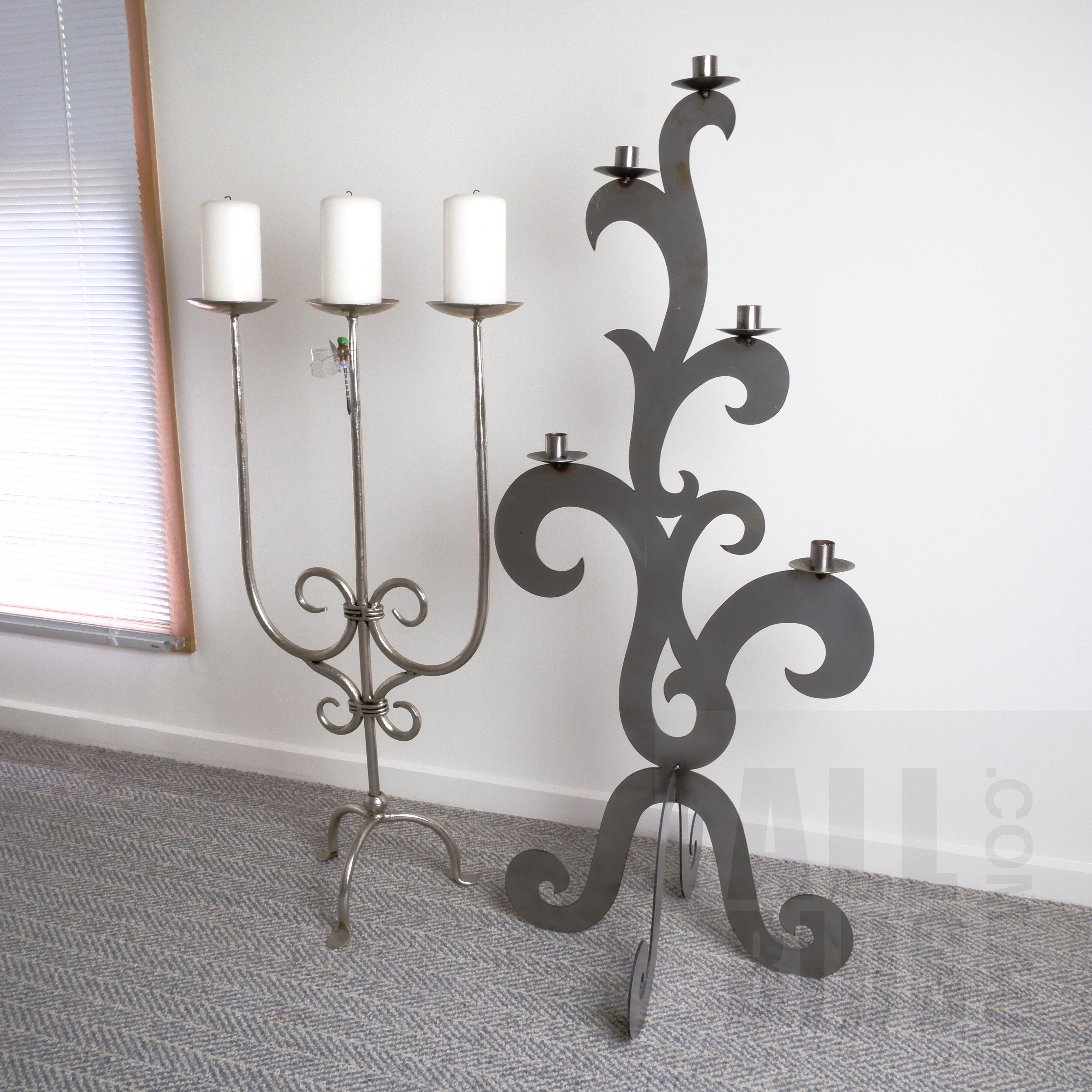 'Tall Contemporary Welded and Cut Sheet Metal Candelabra and Another Painted Wrought Metal Candelabra'