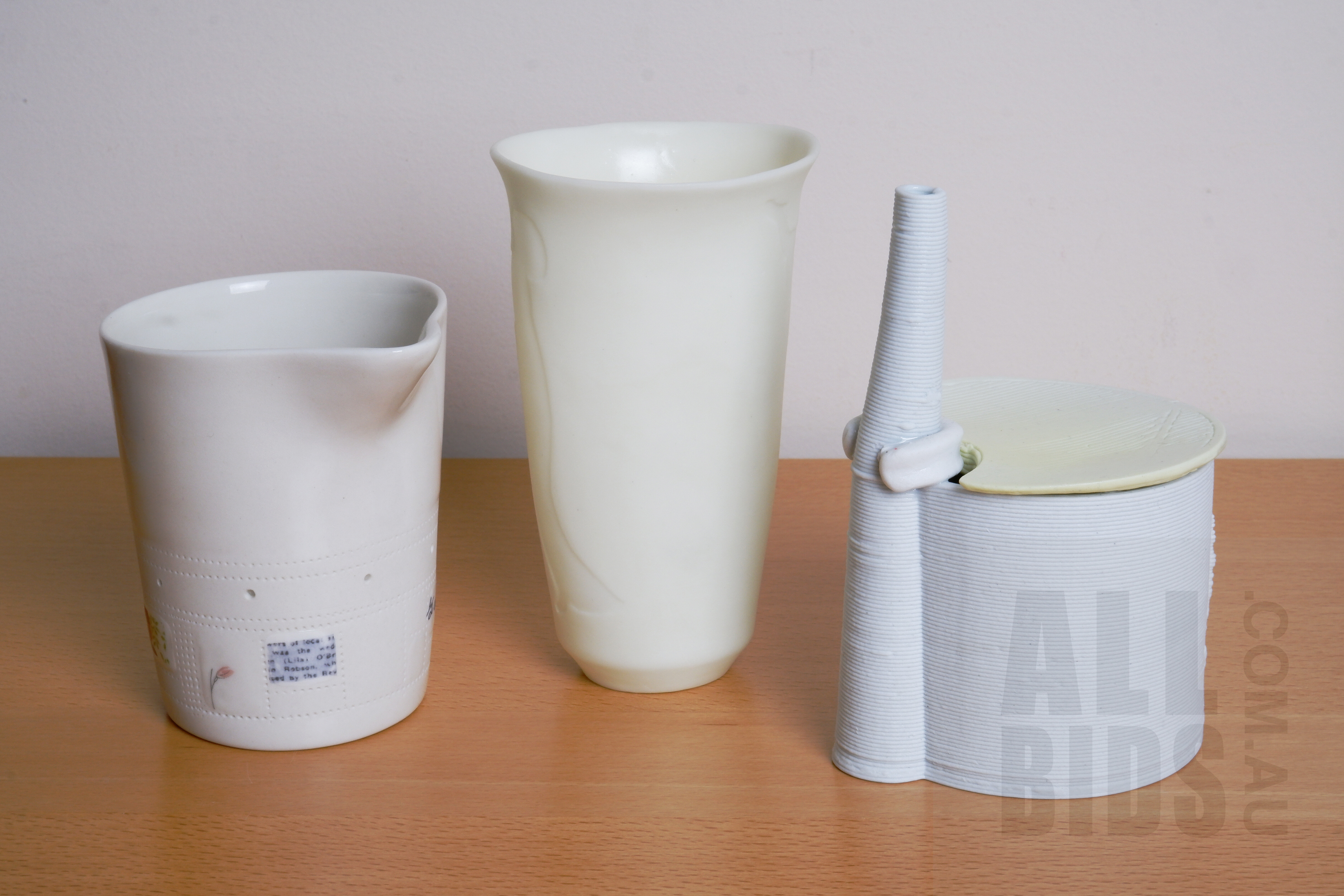 'Mel Robson Ceramic Measuring Cup, Studio Ceramic Beaker with Lithophane Praying Woman Initialled SR and Another Studio Ceramic Vessel'