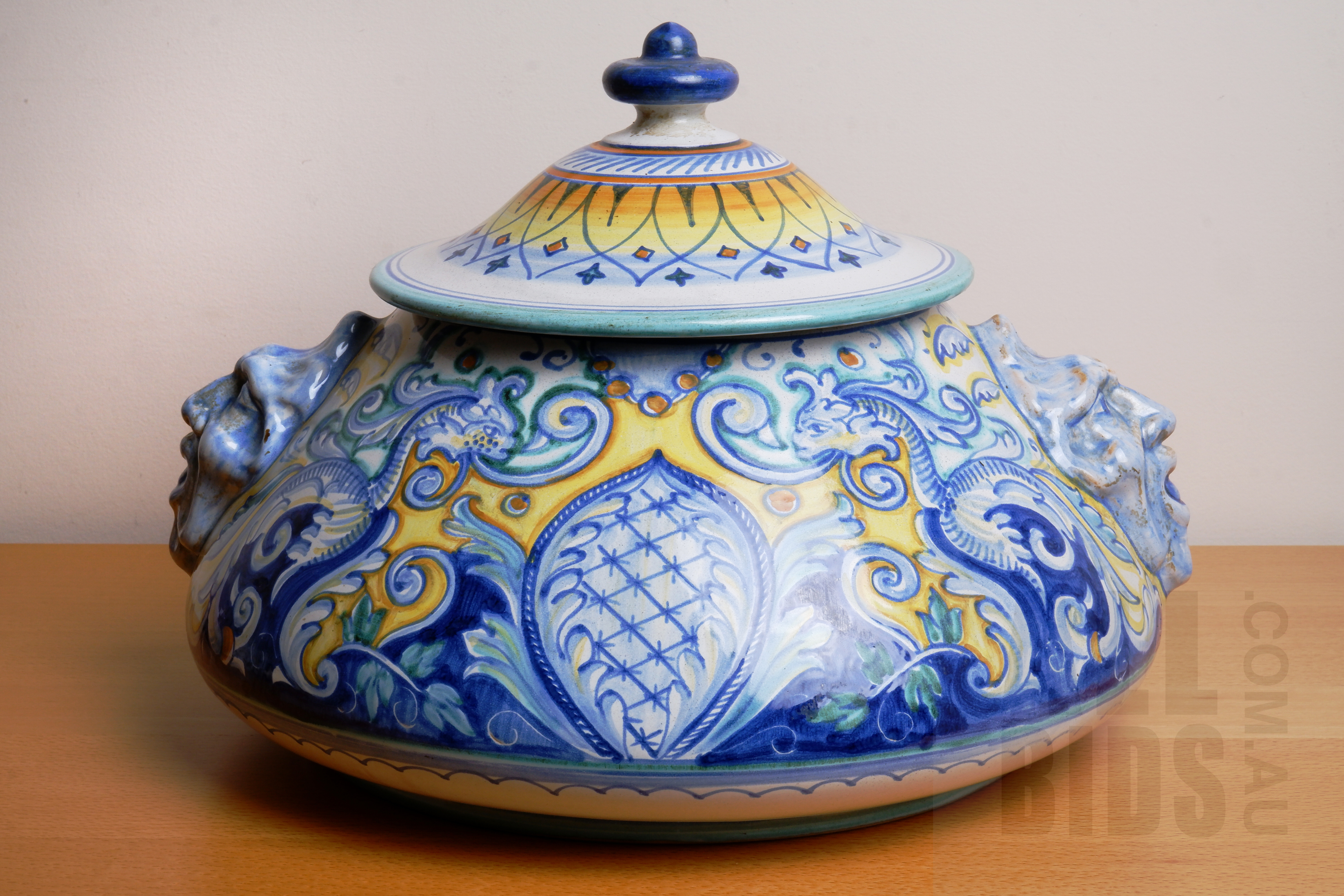 'Large Italian Tin Glazed Lidded Bowl with Satyr Masks'