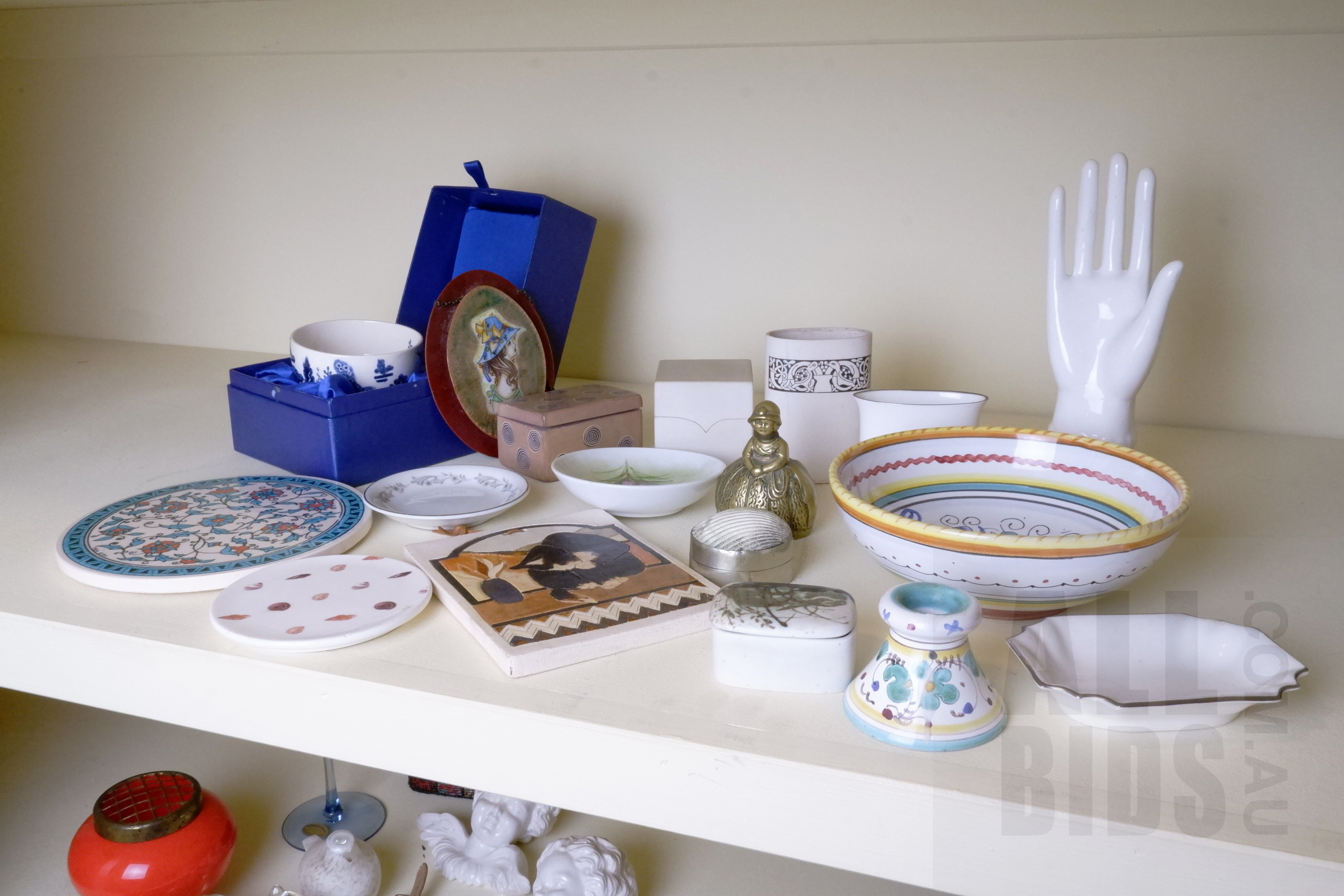 'Italian Deruta Tin Glazed Dish, Dutch Girl Brass Bell, Alison Drury Ceramic Wall Plaque, Iznik Style Ceramic Trivet and More'