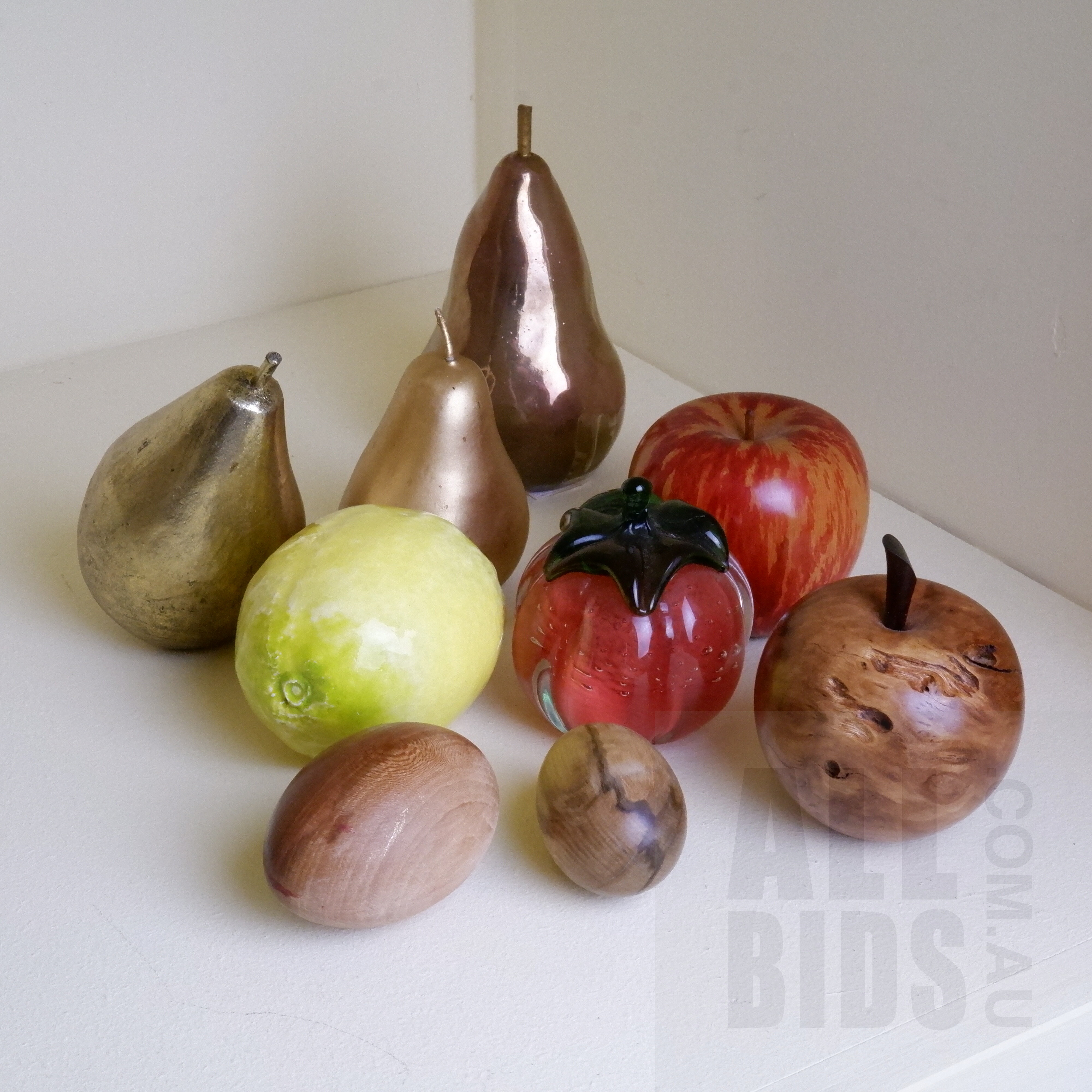 'Bungendore Woodworks Apple, Painted Huon Pine Apple and Various Glass and Timber Fruits'