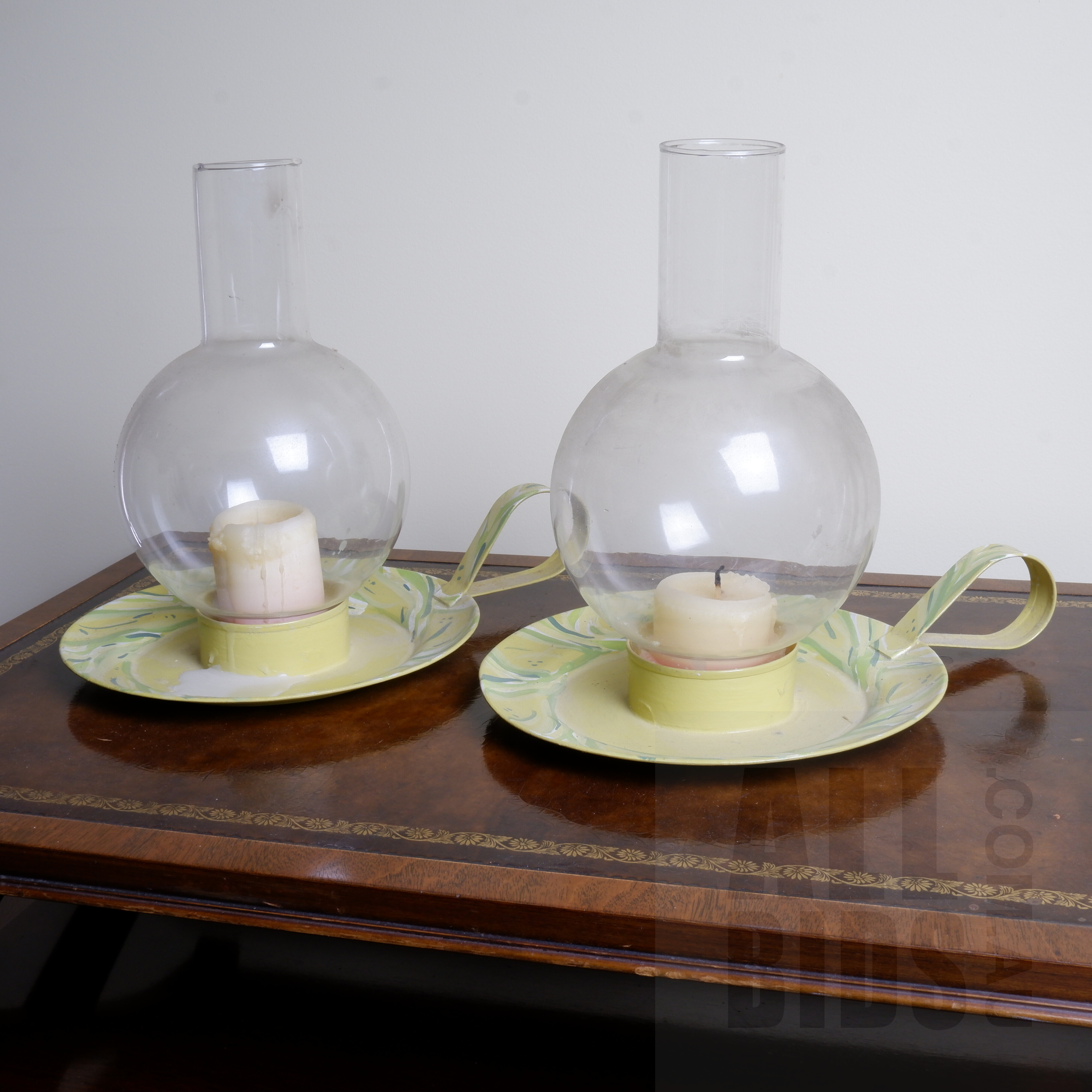 'Pair of Hand Painted Chambersticks with Bulbous Glass Flumes'
