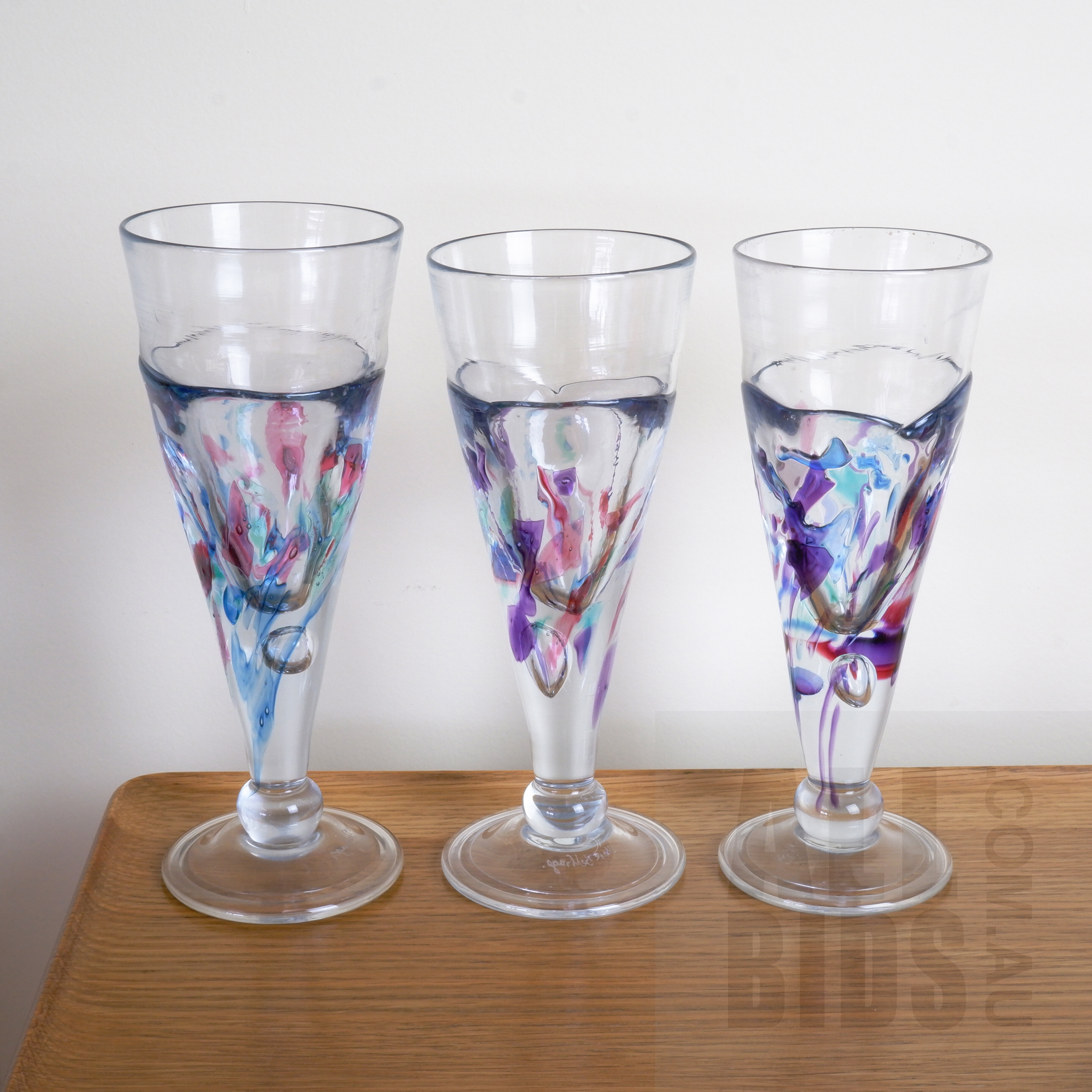 'Clare Belfrage, Three Studio Art Glass Wine Goblets'