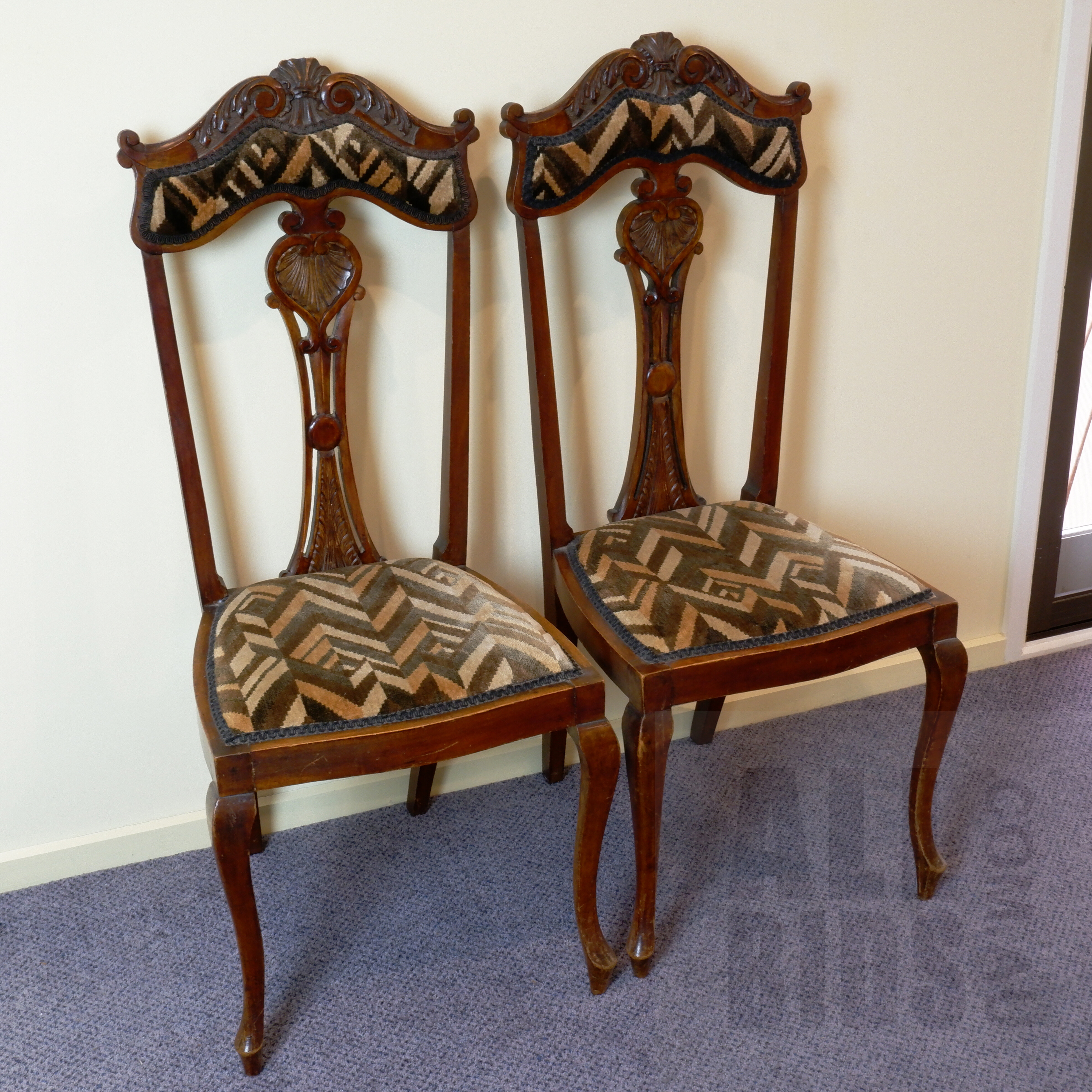 'Pair of Early 20th Century Maple Chairs with Carved Shell and Scroll Work'