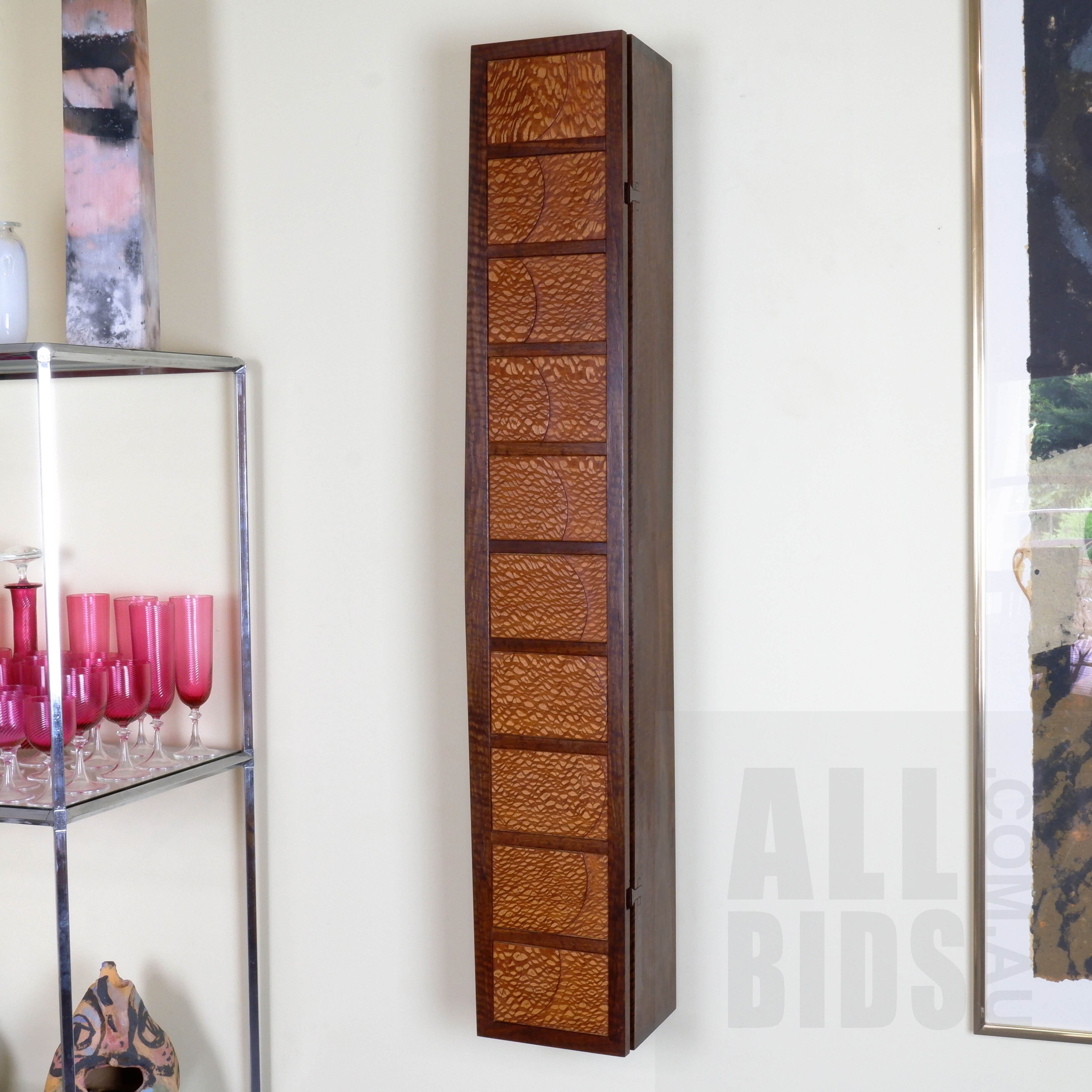 'Bespoke Silky Oak and Red Gum Wall Mounted CD Cabinet'
