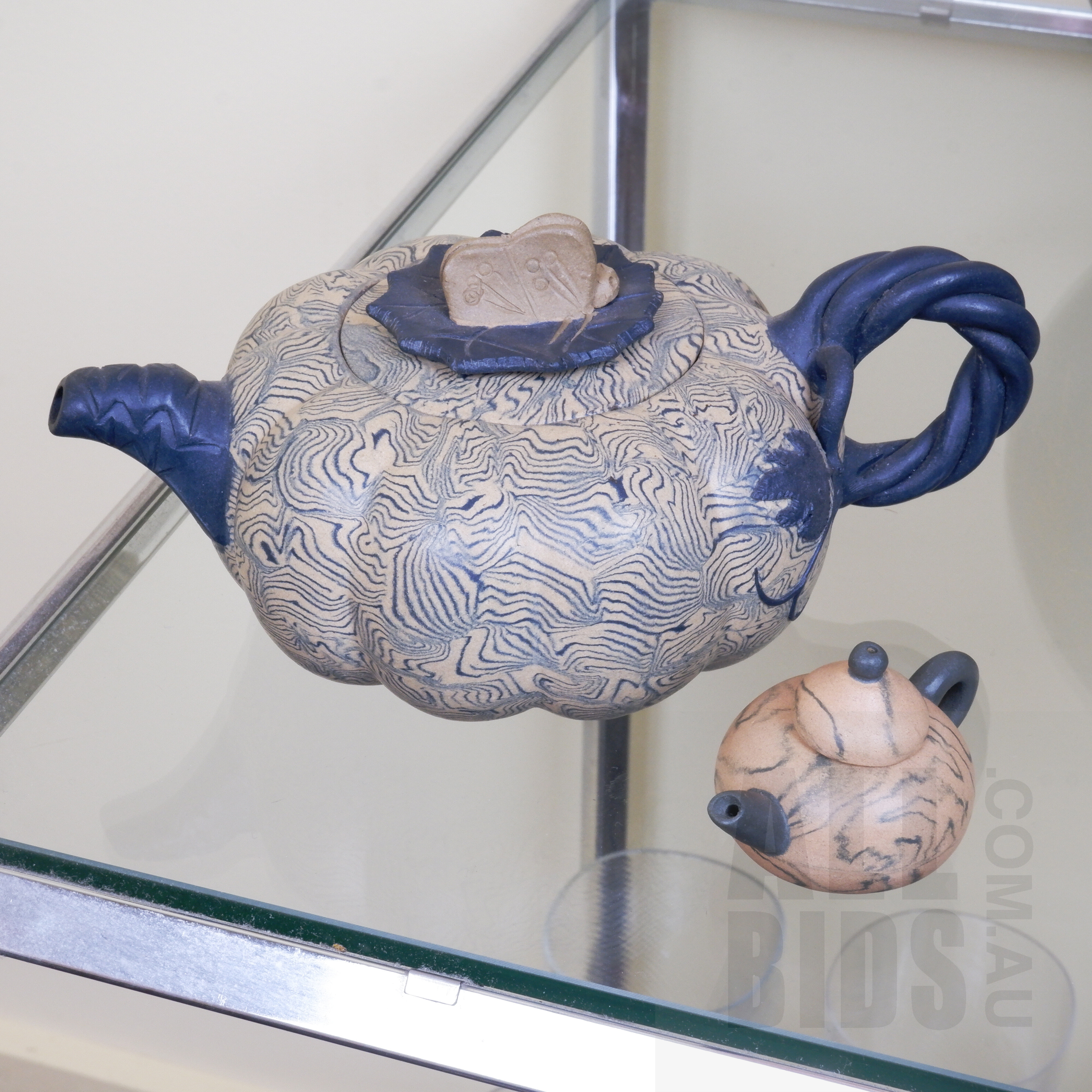 'Chinese Yixing Teapot With Marbled Glaze and Another Miniature Teapot'