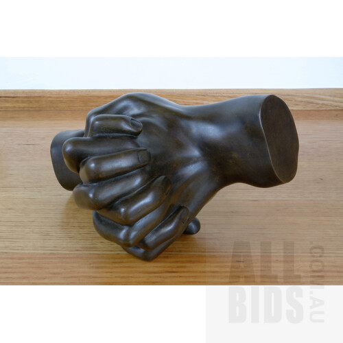 Patinated Cast Metal Sculpture of Gripping Hands