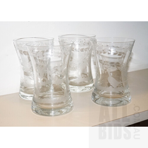Four Antique Etched Glass Tumblers with Pheasant Motif