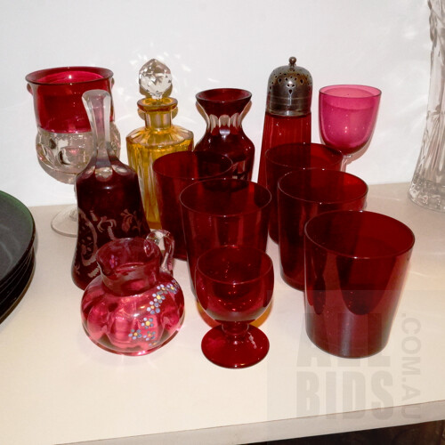 Collection of Antique and Vintage Ruby Flashed Crystal and Glassware, Including Pepper Pot, Bell and More