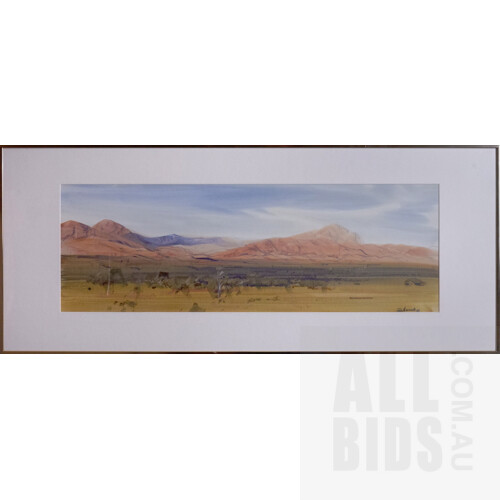 John Borrack (born 1933), Glen Helen Landscape 1980, Watercolour, 23.5 x 73.5 cm 