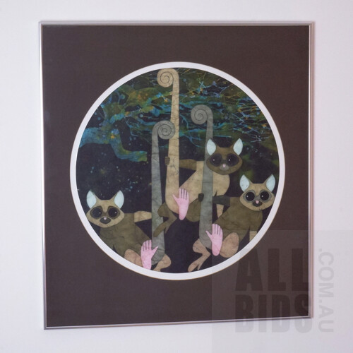 Cornel Swen (born 1930), Possums, Wax-Resist Dye on Japanese Washi Paper, Diameter: 49 cm