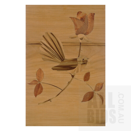Francis Whitley (20th Century, Australian), Fantail and Rose, Marquetry Design including Blackheart Sassafras, Myrtle and Blackwood (Tasmanian), 30 x 20 cm