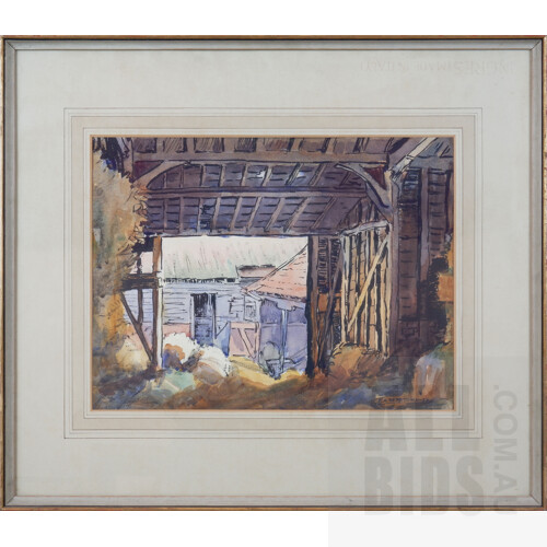 K. A. Nesbitt-Hawes (20th Century, Australian), English Barn Interior, Harvest, Ink & Watercolour, 27 x 36 cm