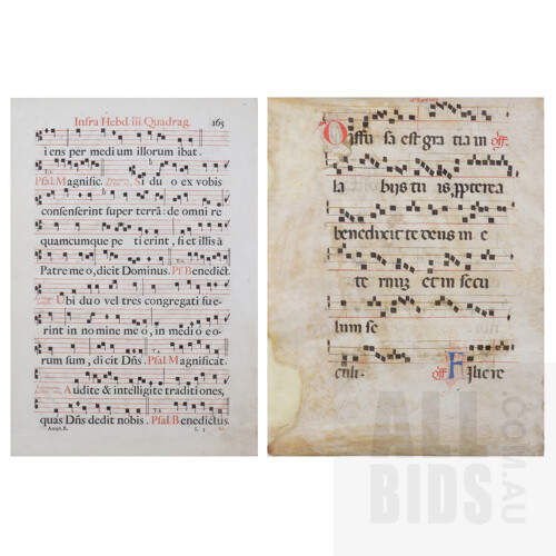 Framed Antique Music Manuscript, together with another on vellum (unframed), each approx. 48 x 34 cm (2)
